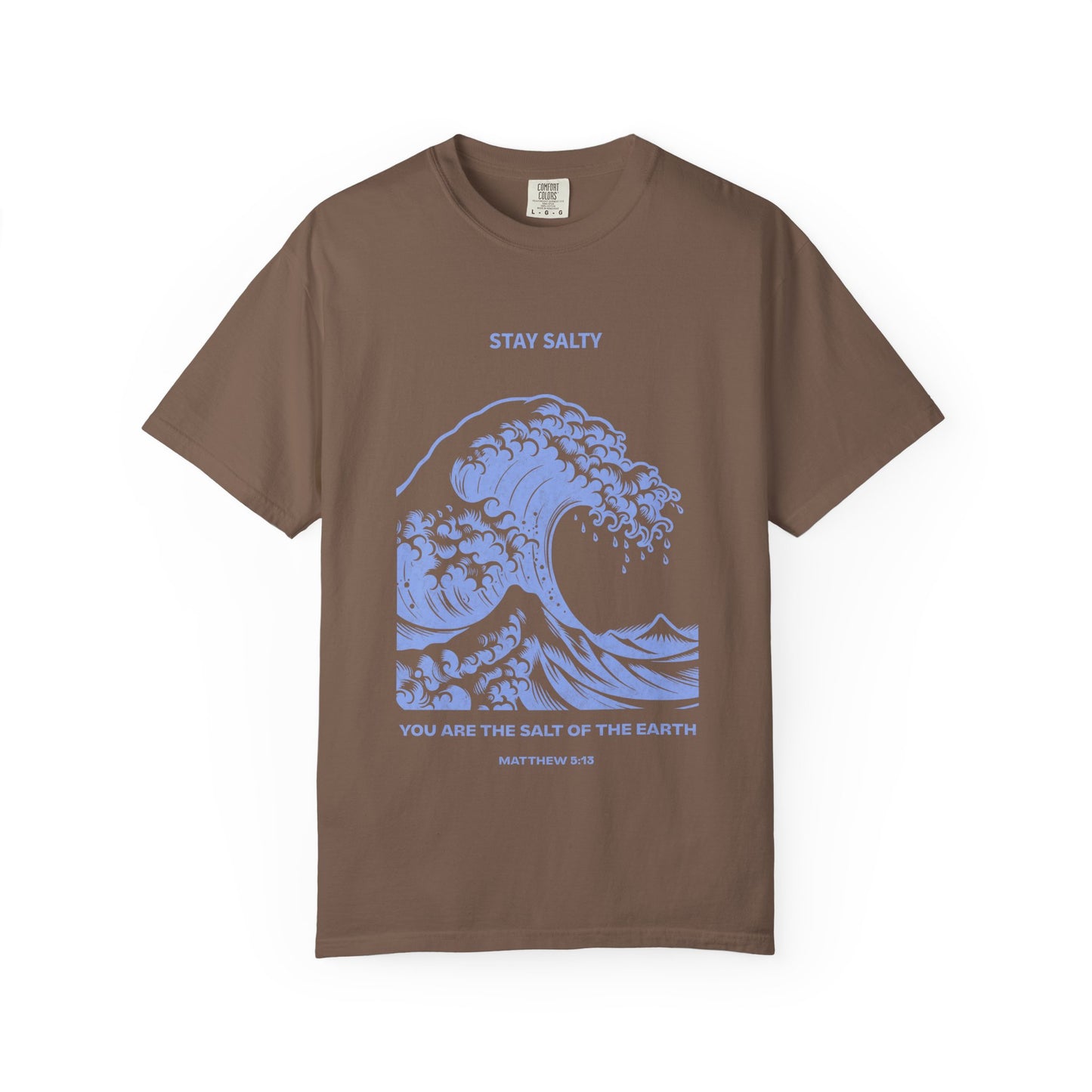 T-shirt with ocean wave design featuring Stay Salty text and Matthew 5:13 Bible verse