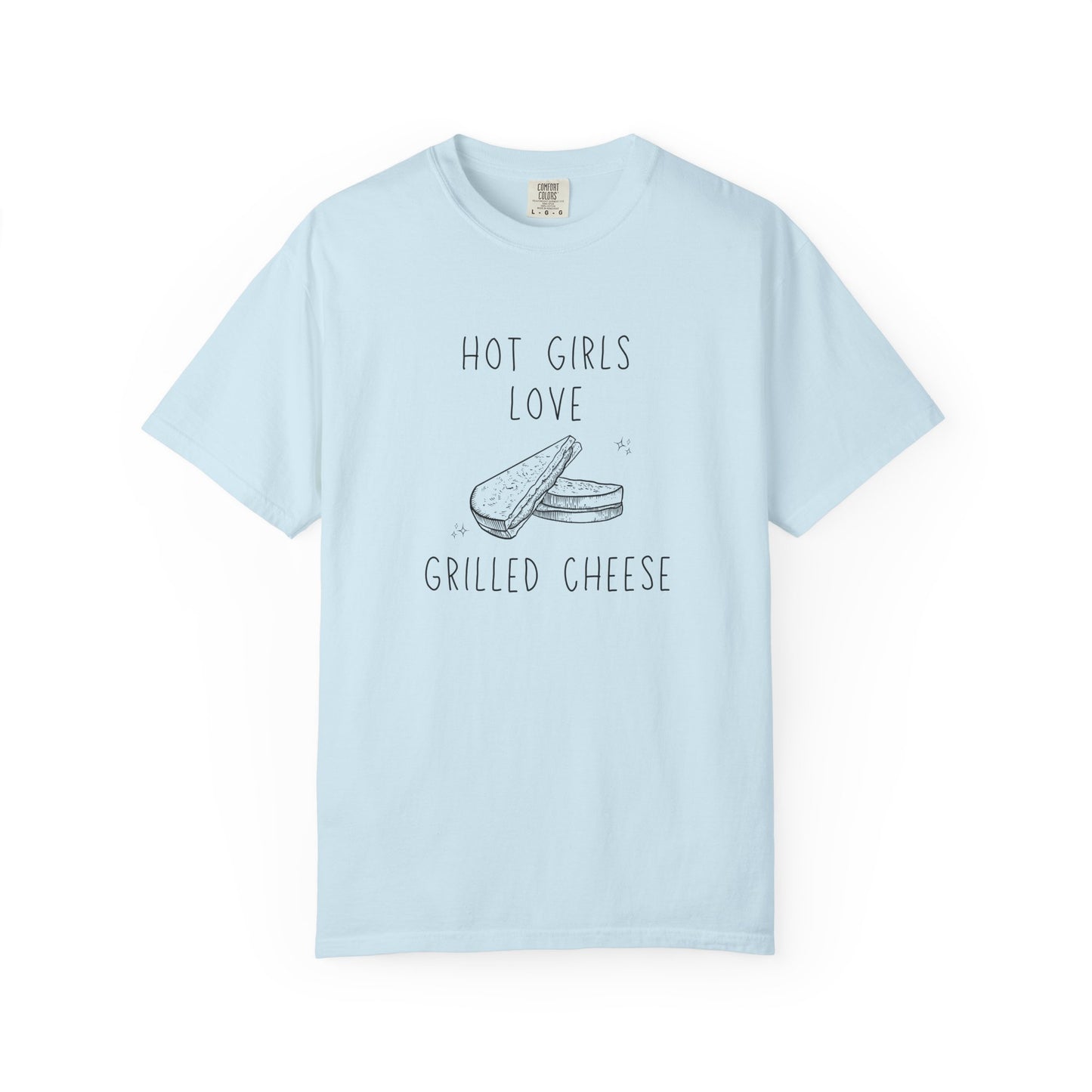 T-shirt with hand-drawn grilled cheese sandwich illustration and text reading Hot Girls Love Grilled Cheese