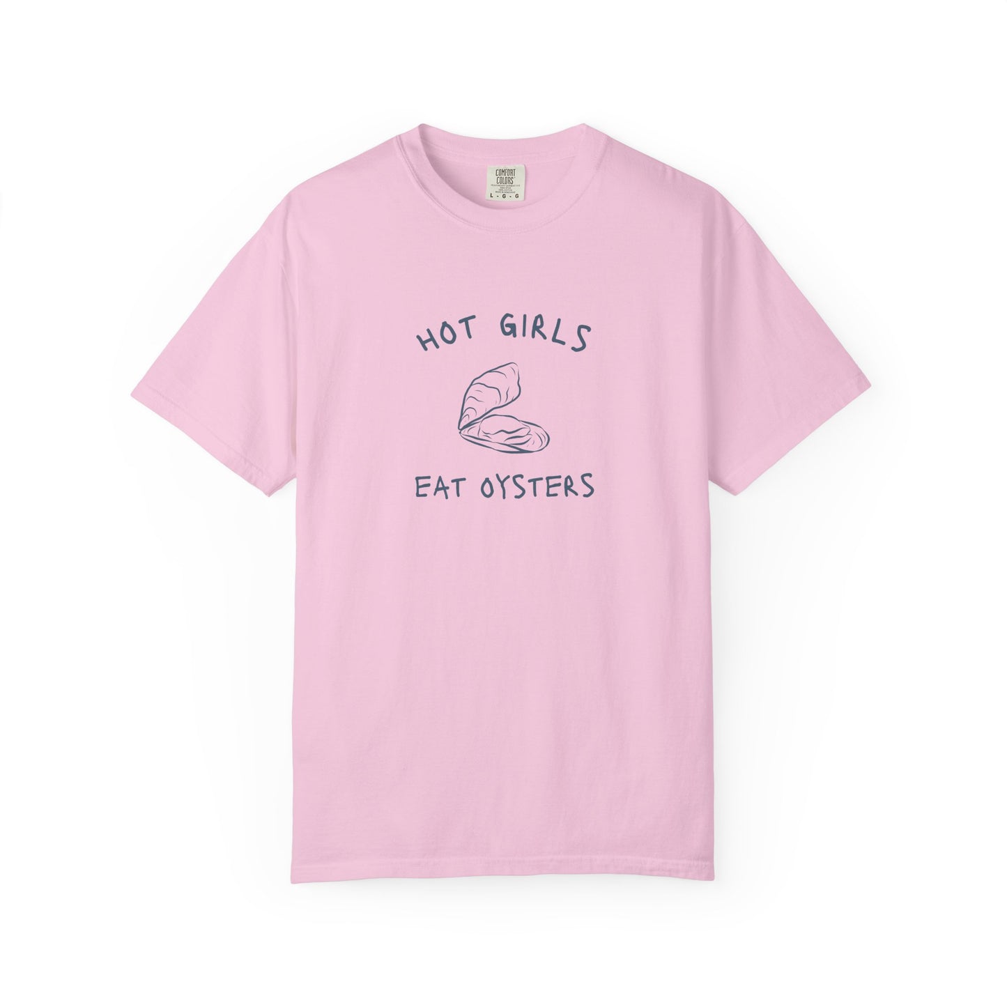 T-shirt with 'Hot Girls Eat Oysters' text and minimalist oyster shell illustration in blue tones