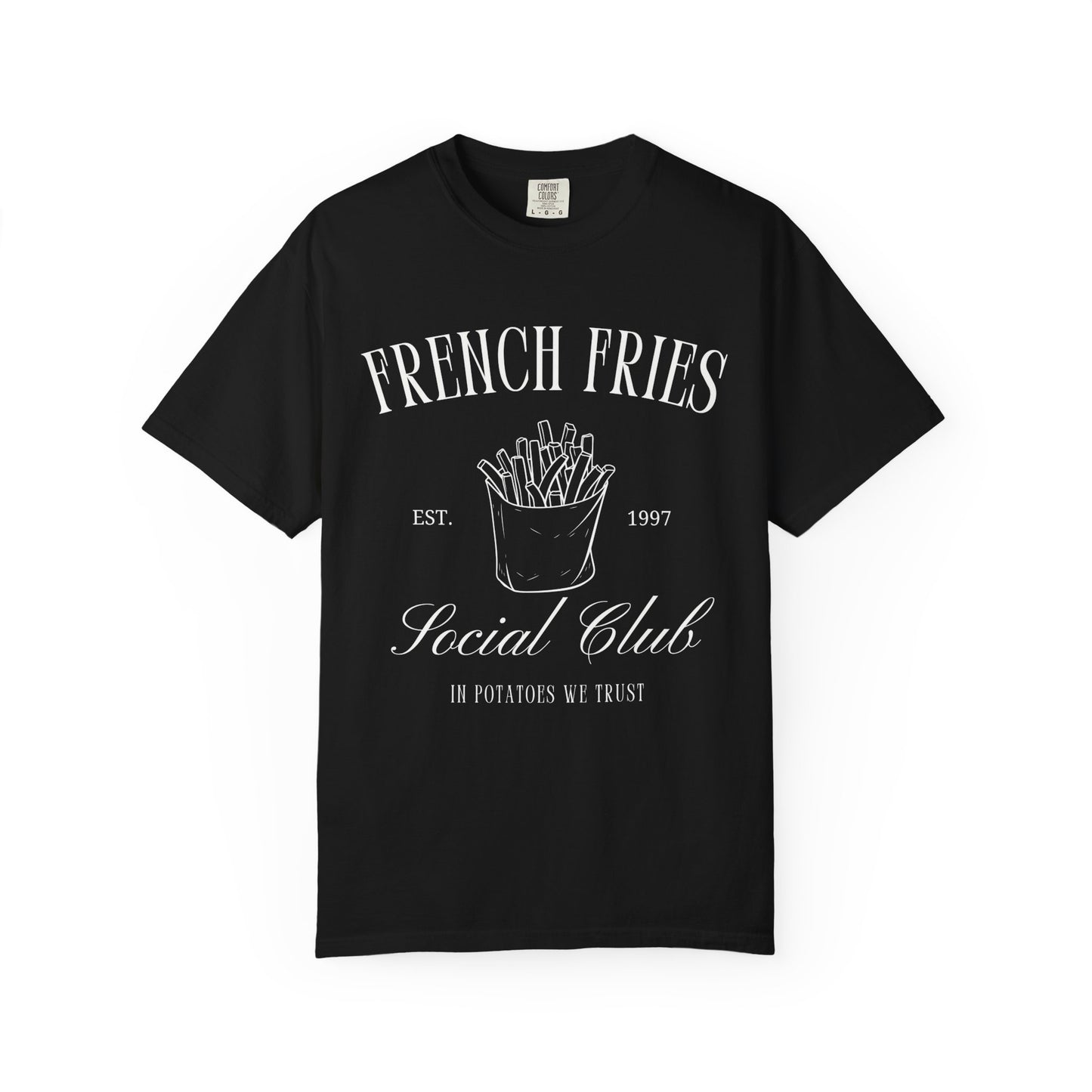 T-shirt with French Fries Social Club design featuring hand-drawn fries illustration and vintage typography
