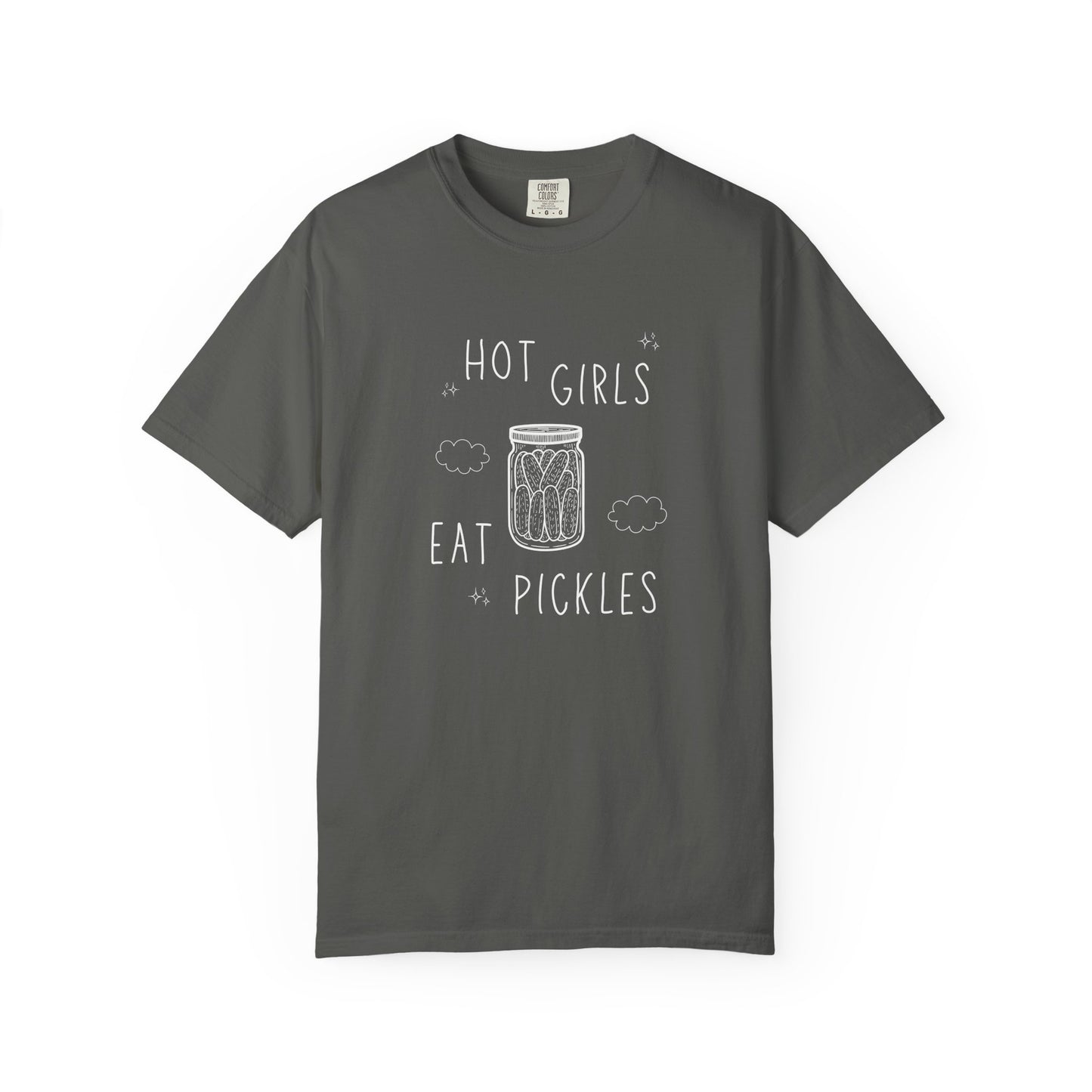 T-shirt with hand-lettered 'Hot Girls Eat Pickles' text and illustrated pickle jar with clouds