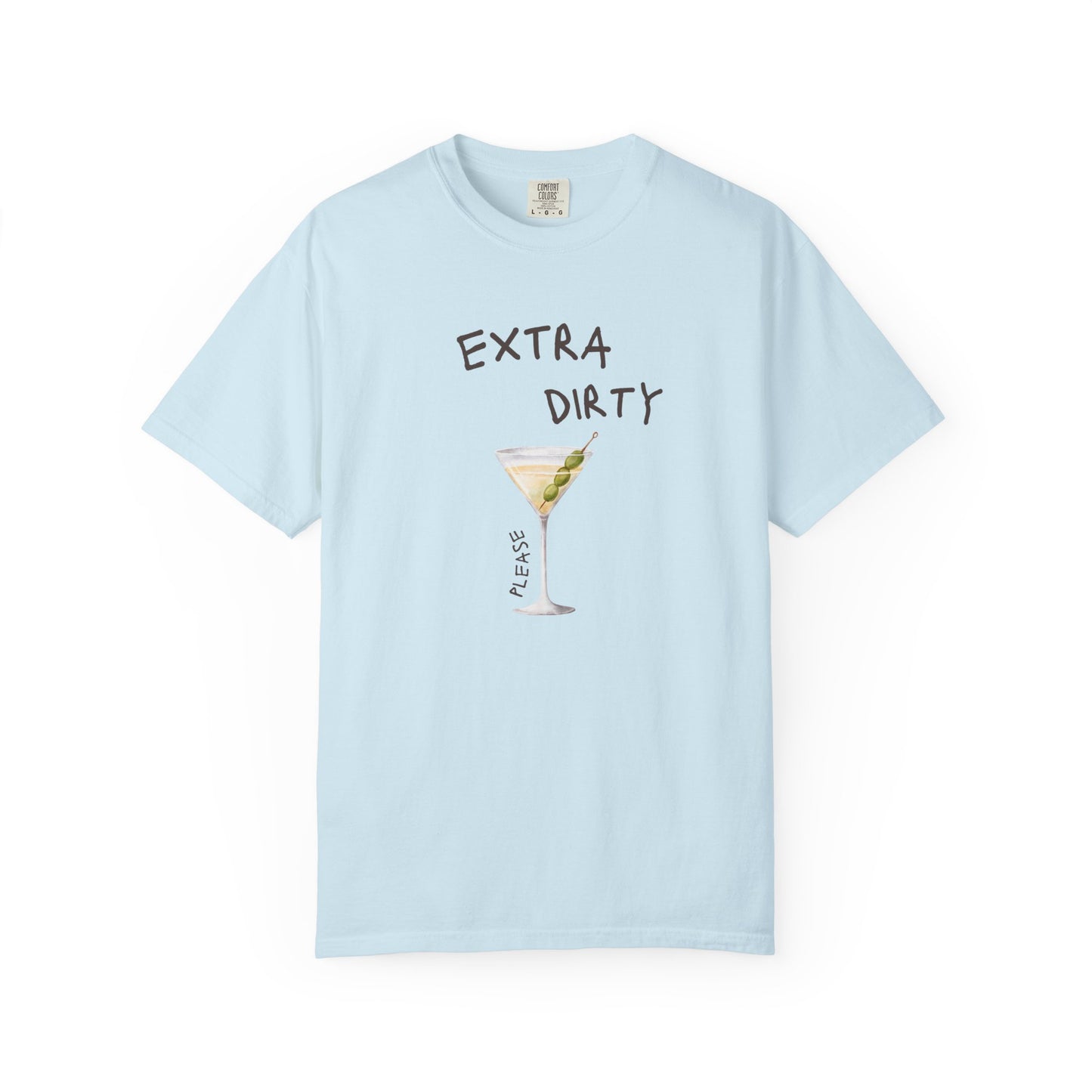T-shirt design with martini glass filled with clear liquid and three green olives on a pick