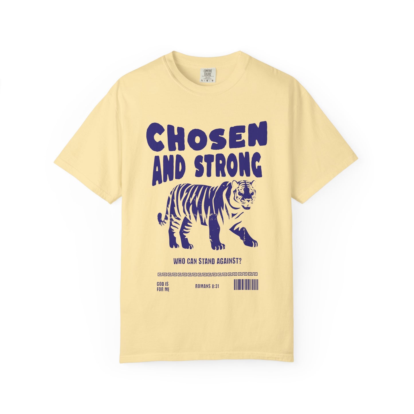 Christian t-shirt with tiger graphic and 'Chosen and Strong' text featuring Romans 8:31 verse