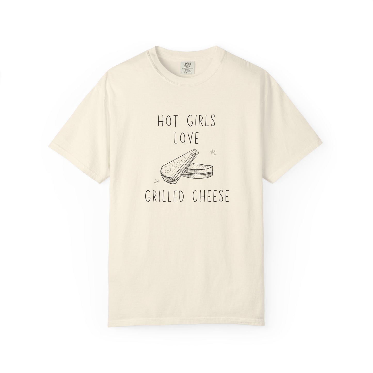 T-shirt with hand-drawn grilled cheese sandwich illustration and text reading Hot Girls Love Grilled Cheese