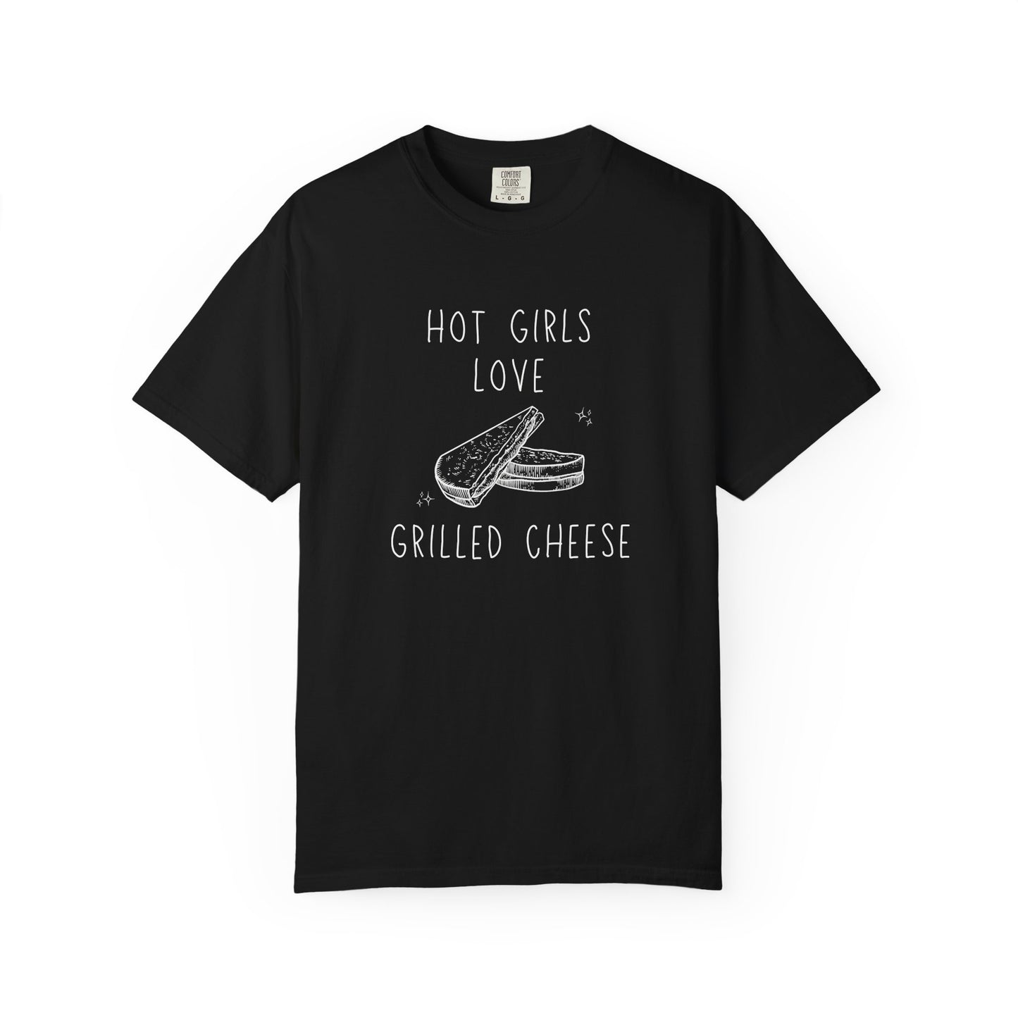 T-shirt with hand-drawn grilled cheese sandwich illustration and text reading Hot Girls Love Grilled Cheese