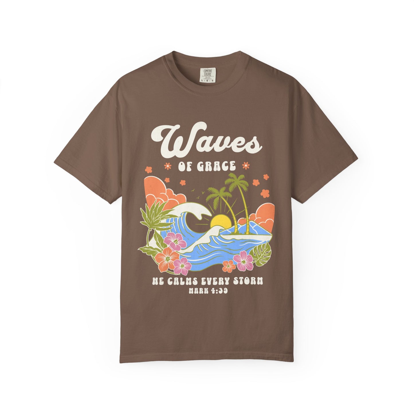 T-shirt with tropical ocean waves, palm trees, hibiscus flowers and 'Waves of Grace' scripture design