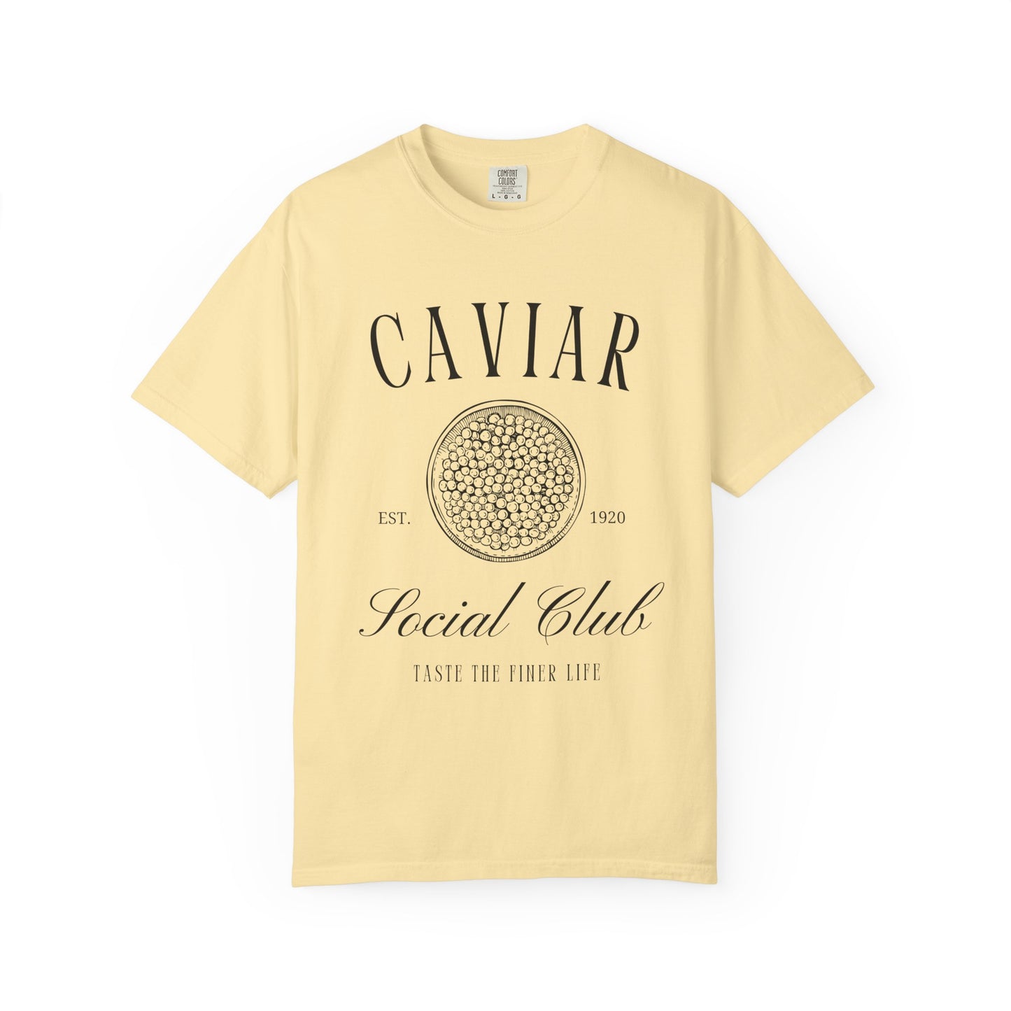 T-shirt with vintage caviar social club logo featuring caviar tin graphic and elegant typography