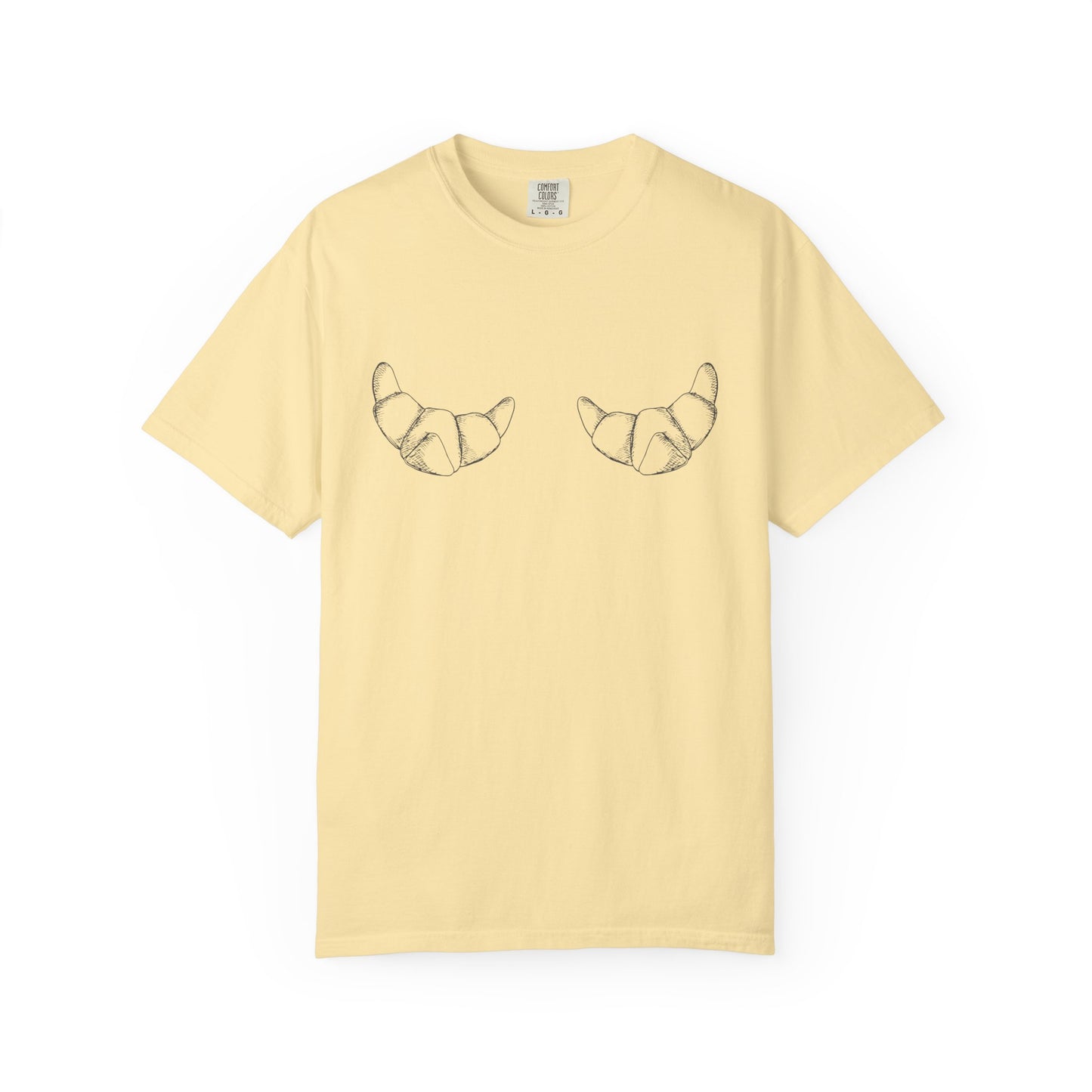 T-shirt with hand-drawn croissant illustrations featuring detailed pastry sketches