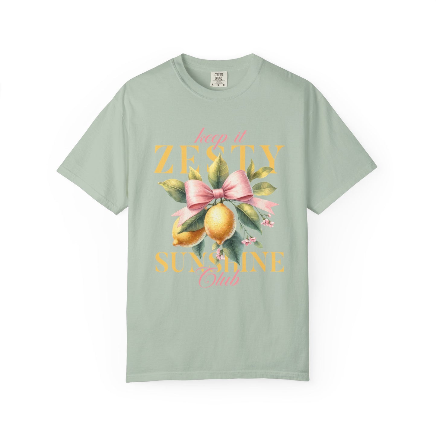 T-shirt with Keep It Zesty Sunshine Club text featuring watercolor lemons with pink bow and green leaves