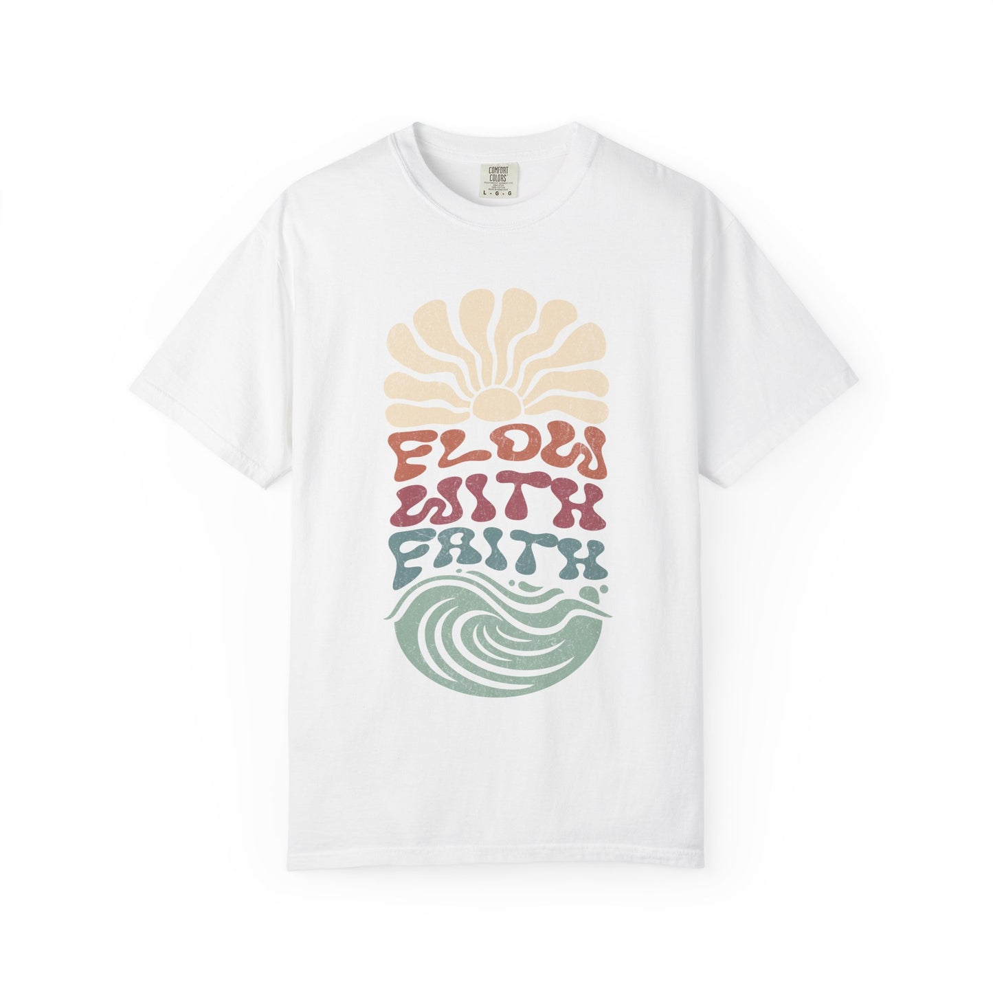 T-shirt with Flow With Faith text in groovy wavy font with retro sunset and wave design