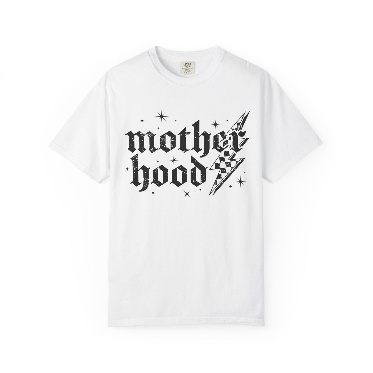 T-shirt with gothic Mother Hood text, lightning bolt graphics, and checkerboard pattern elements