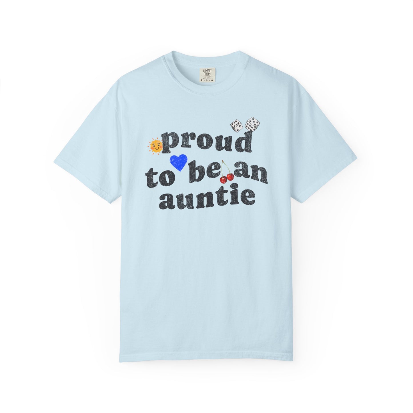T-shirt with distressed text 'proud to be an auntie' featuring sun, heart, dice and cherries