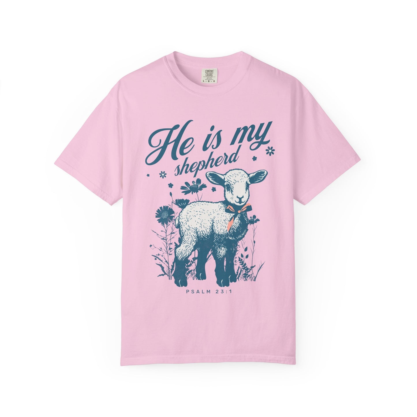 Christian t-shirt featuring adorable lamb with wildflowers and 'He Is My Shepherd' text in teal