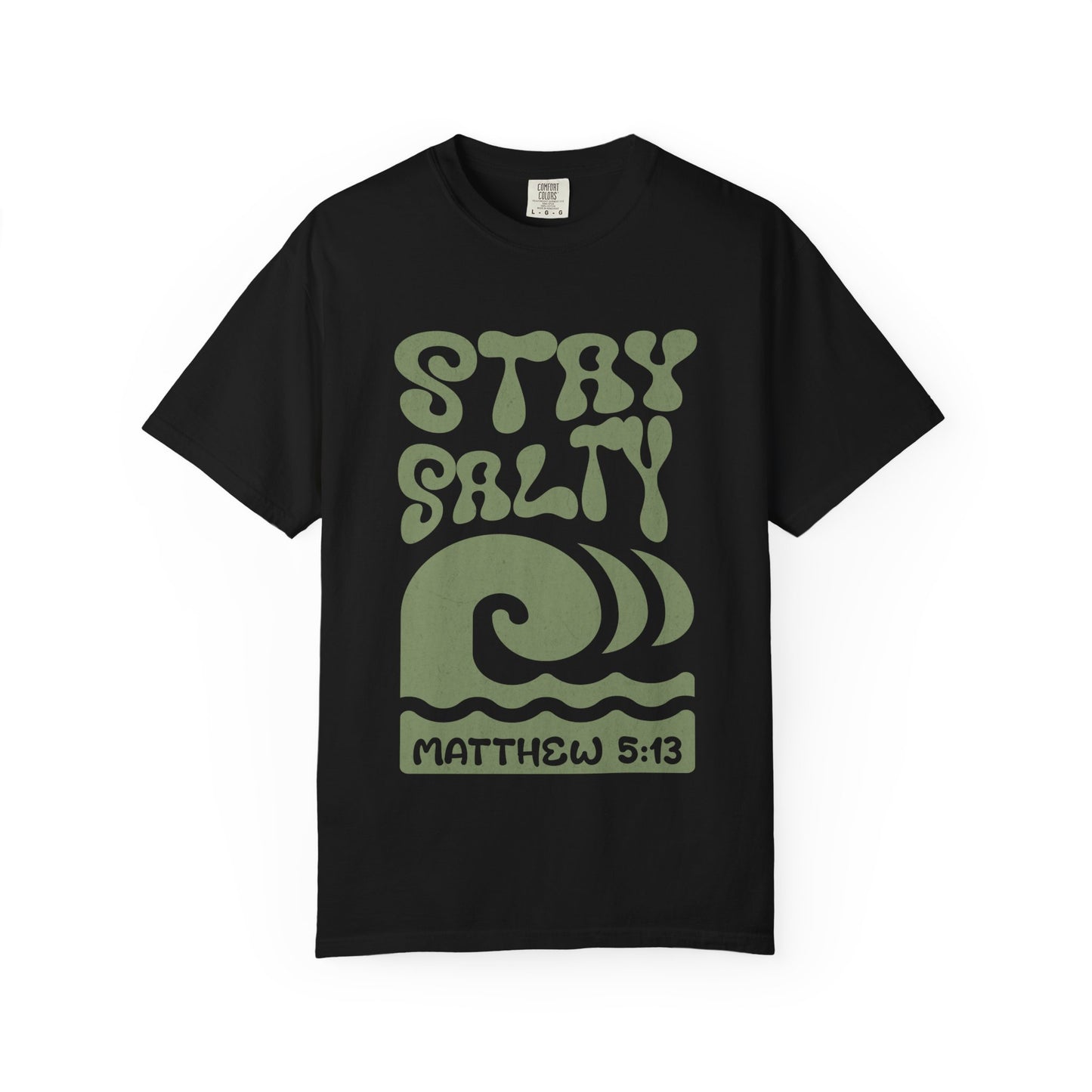 Stay Salty Matthew 5:13 t-shirt with retro wave design in sage green christian graphic
