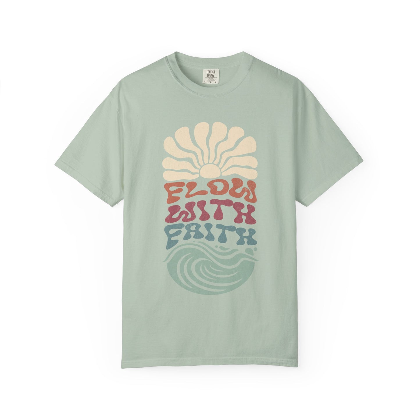 T-shirt with Flow With Faith text in groovy wavy font with retro sunset and wave design