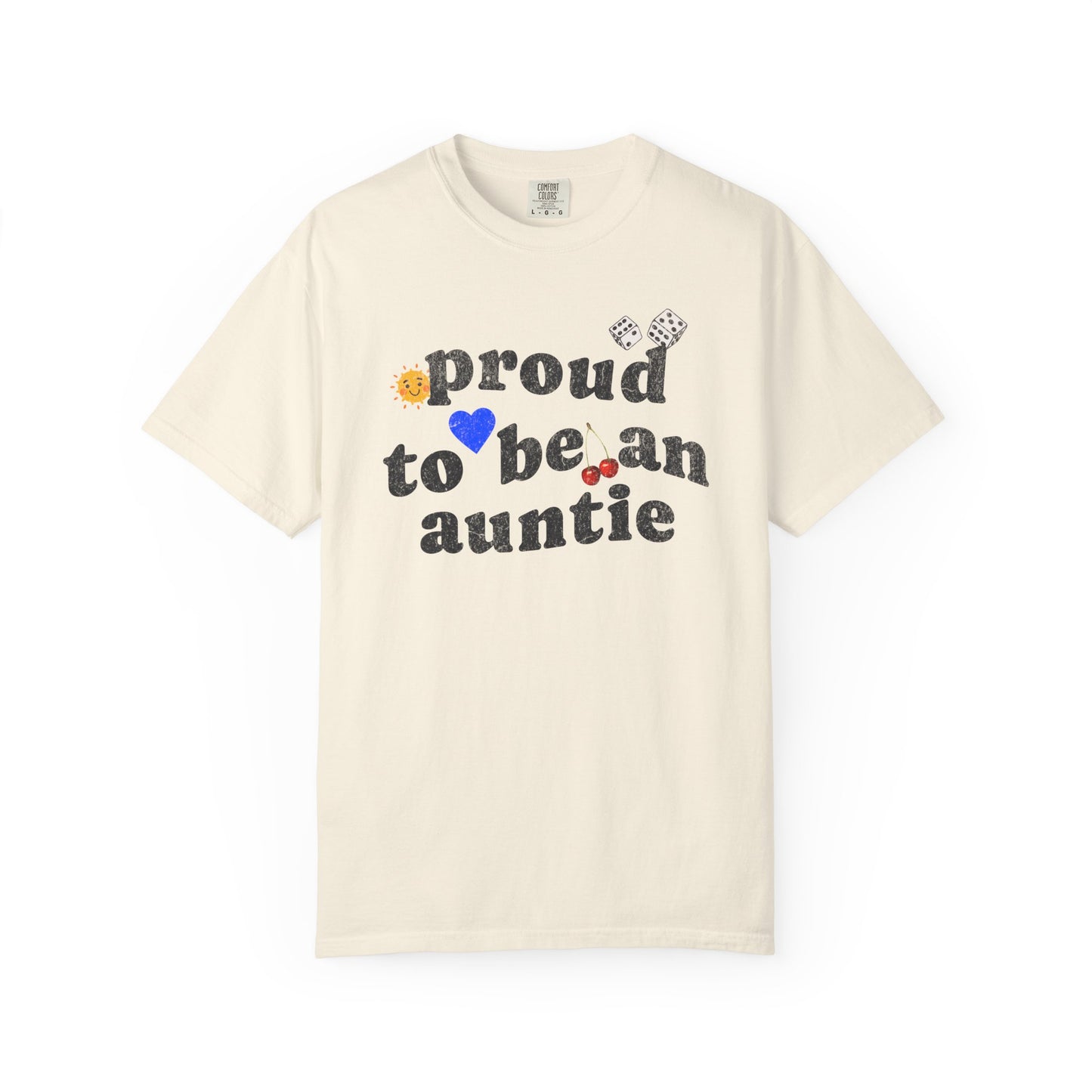 T-shirt with distressed text 'proud to be an auntie' featuring sun, heart, dice and cherries