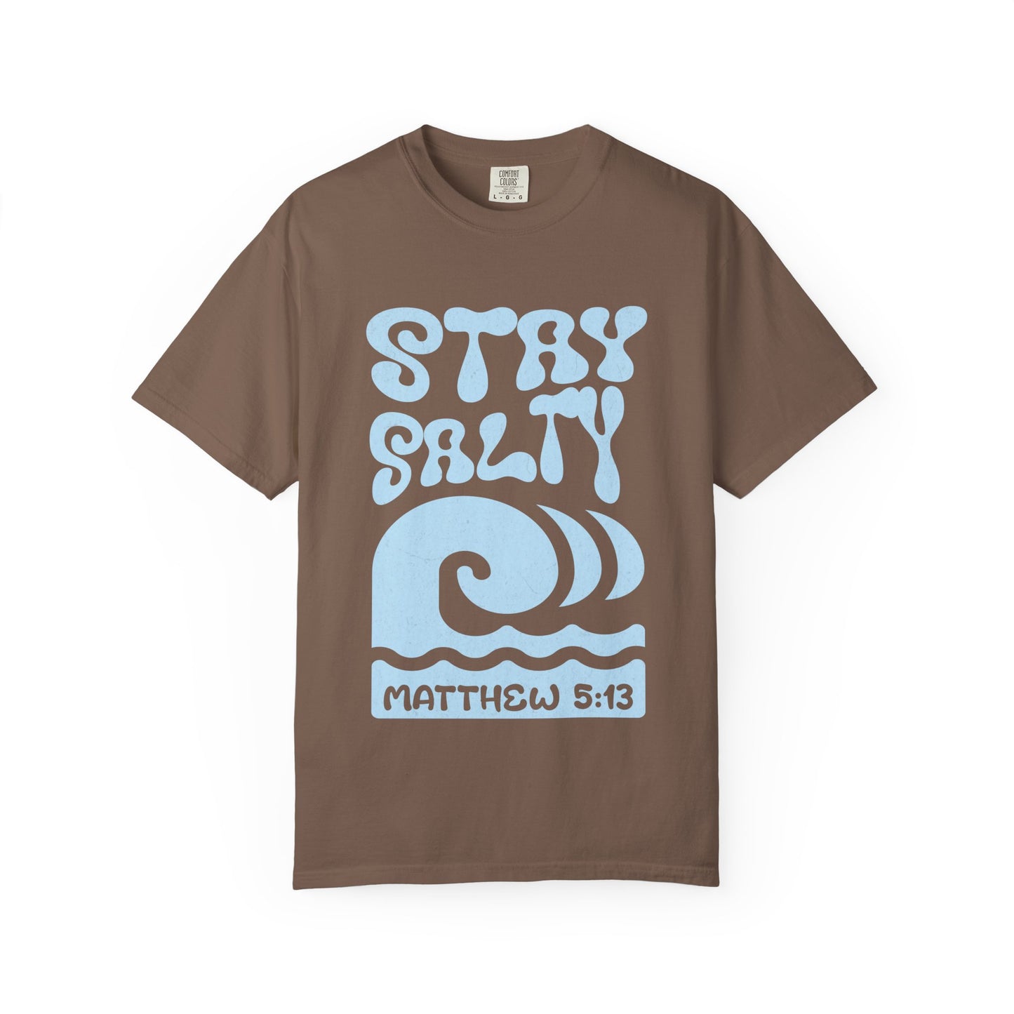 Christian t-shirt with 'Stay Salty' text and ocean wave design referencing Matthew 5:13