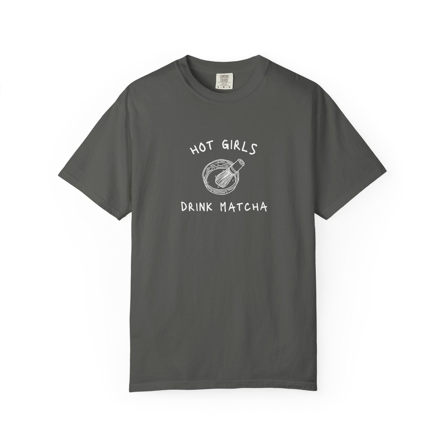 T-shirt with 'Hot Girls Drink Matcha' text and hand-drawn matcha bowl with whisk illustration