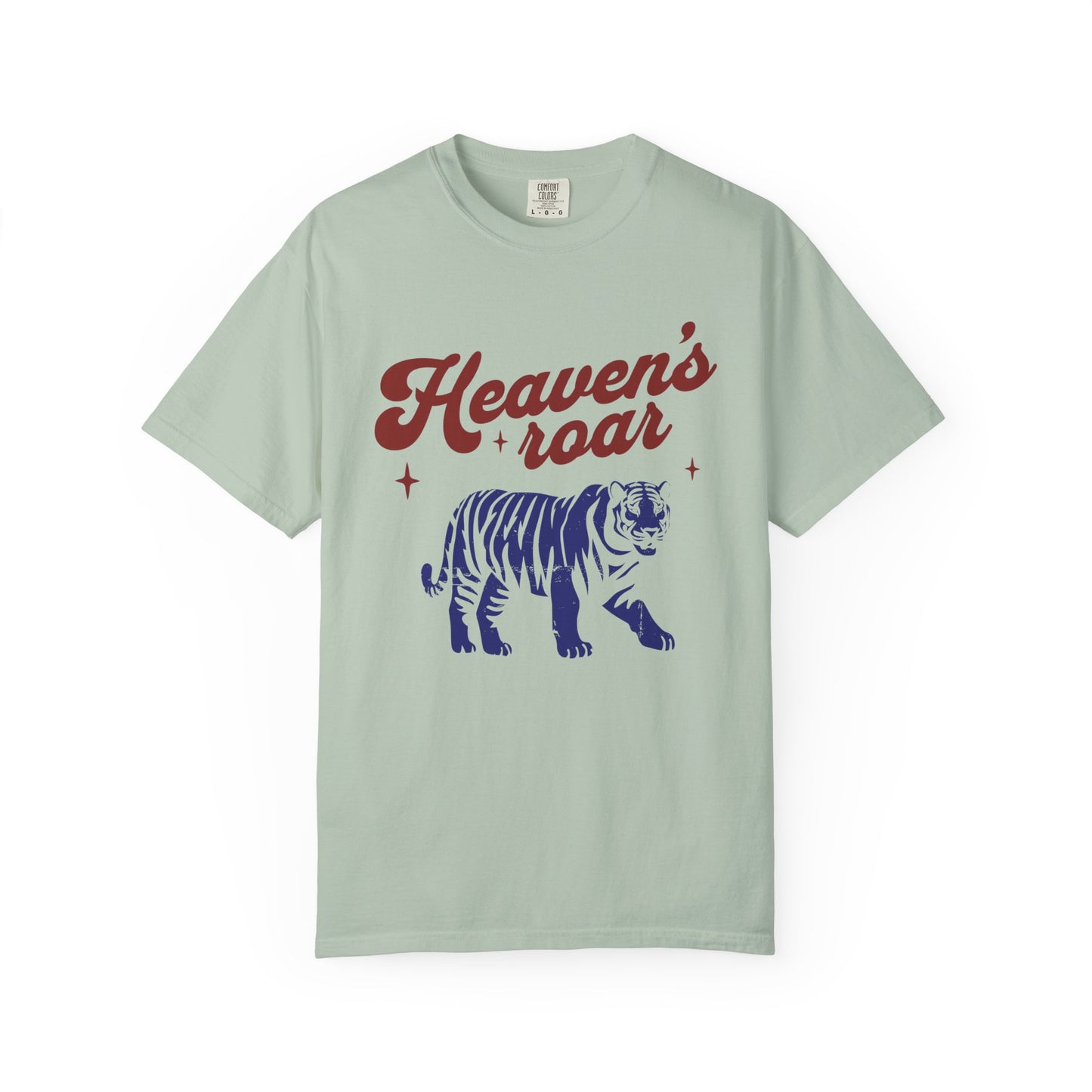 T-shirt with retro Heaven's roar text in red and blue tiger graphic design