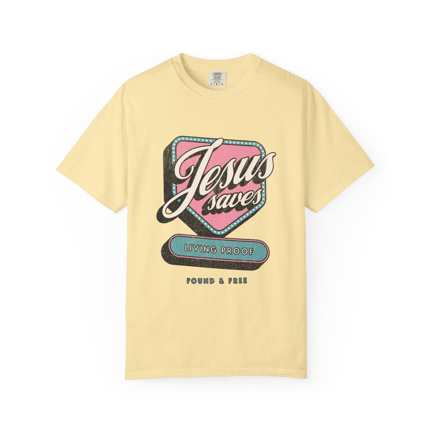 T-shirt with retro Jesus Saves design in pink and blue with distressed vintage styling