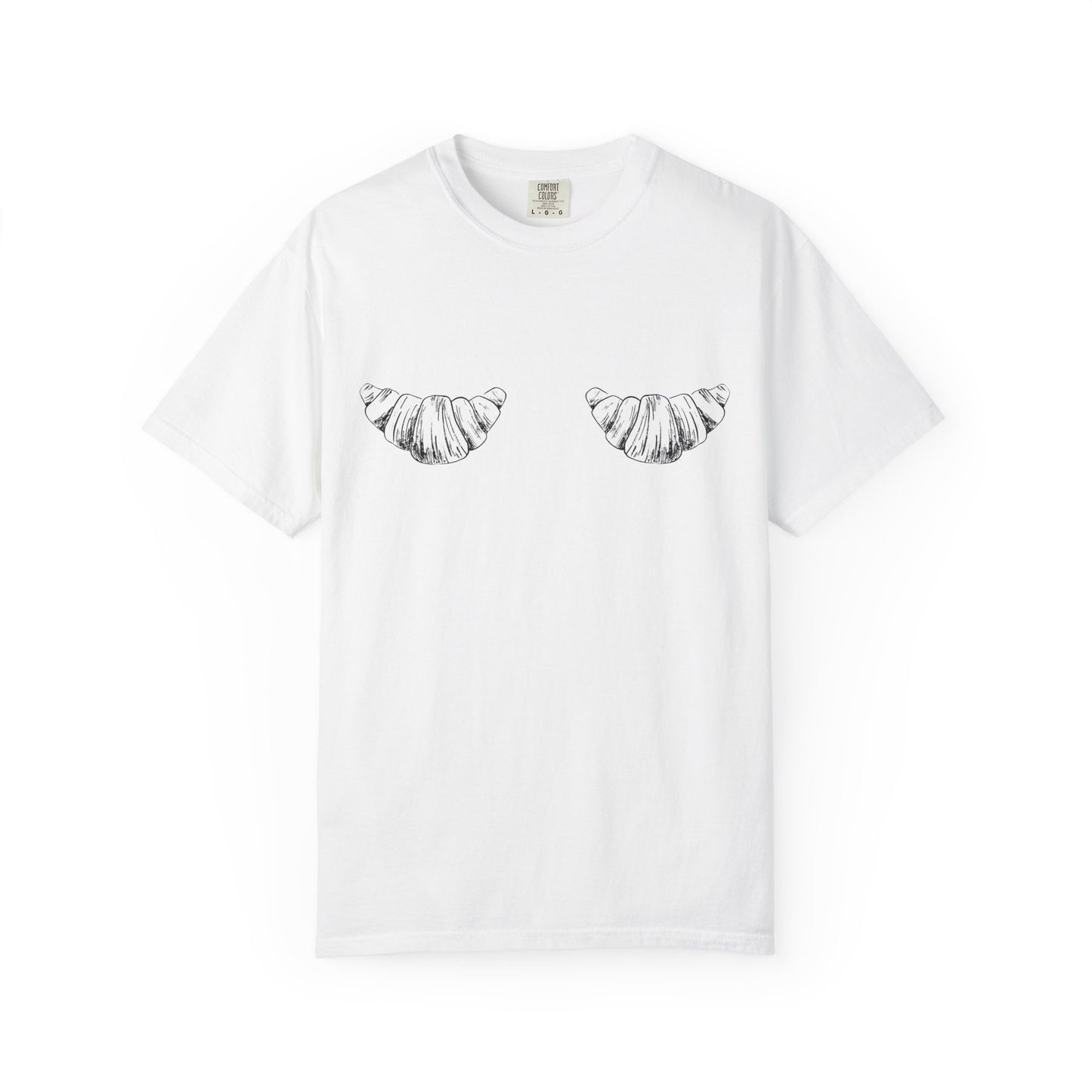T-shirt with black and white hand-drawn croissant illustrations in vintage sketch style