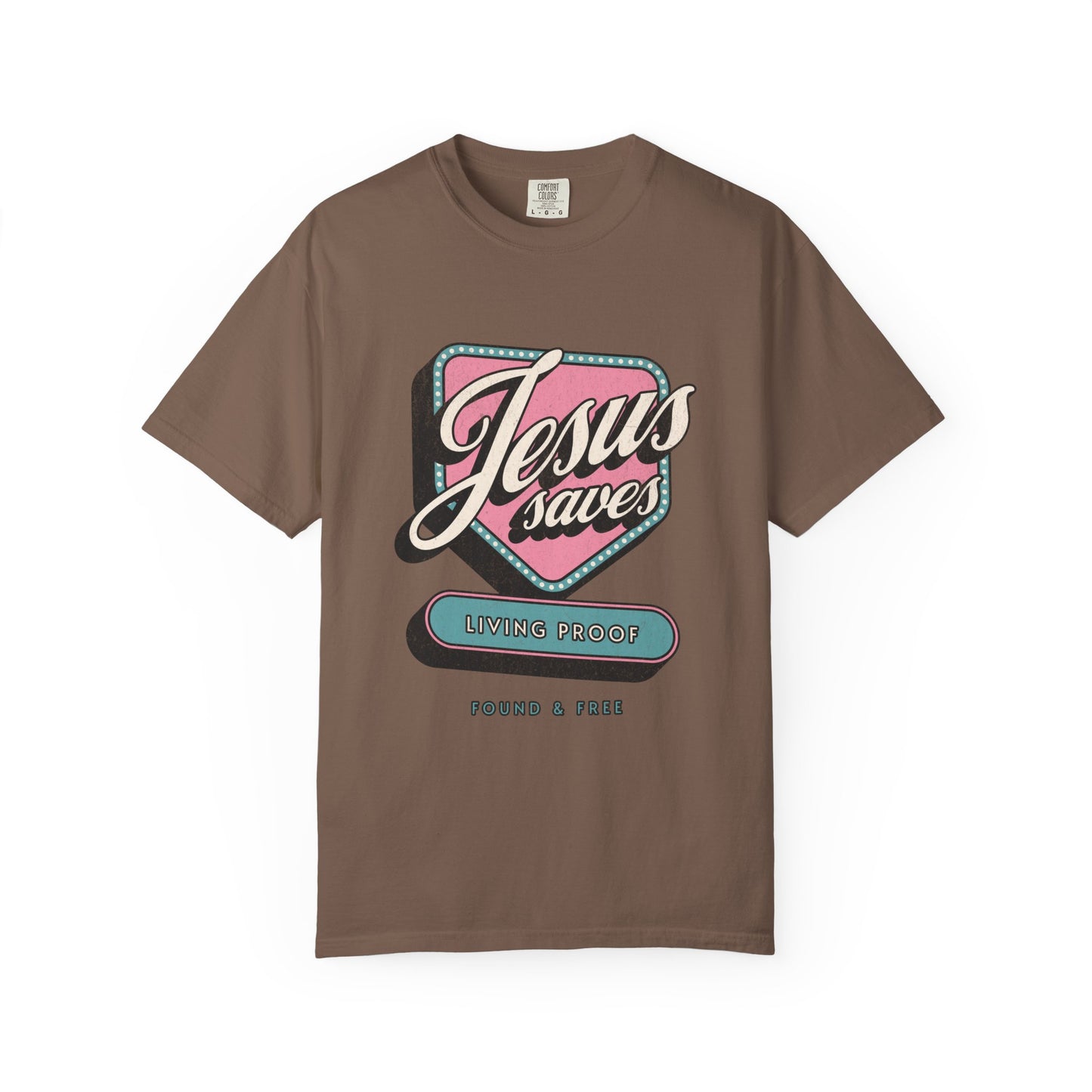 T-shirt with retro Jesus Saves design in pink and blue with distressed vintage styling