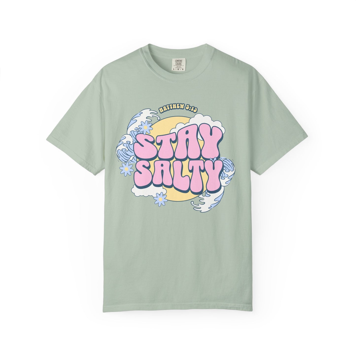 T-shirt with wavy font Stay Salty Matthew 5:13 text in pink bubble letters with ocean waves and flowers