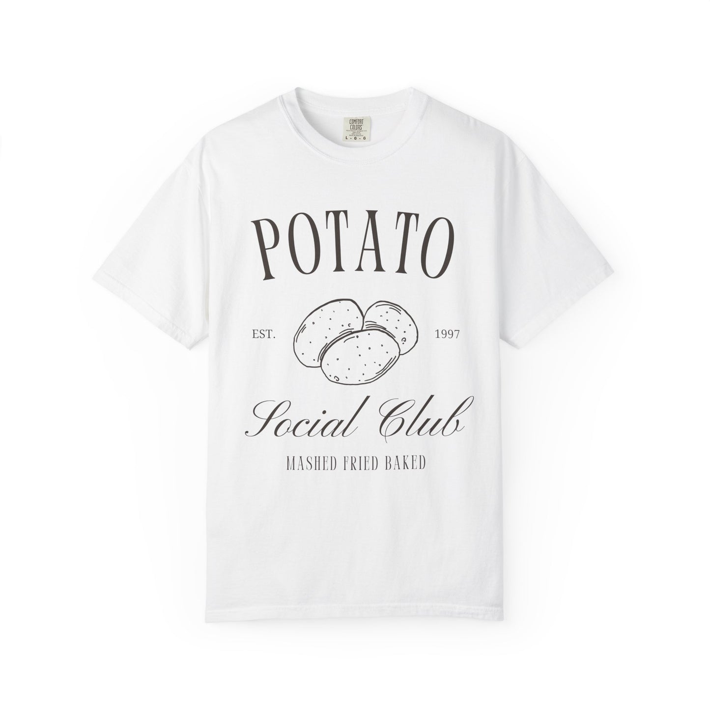 T-shirt with vintage Potato Social Club design featuring hand-drawn potatoes and brown text