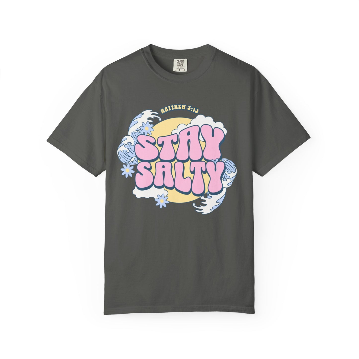 T-shirt with wavy font Stay Salty Matthew 5:13 text in pink bubble letters with ocean waves and flowers