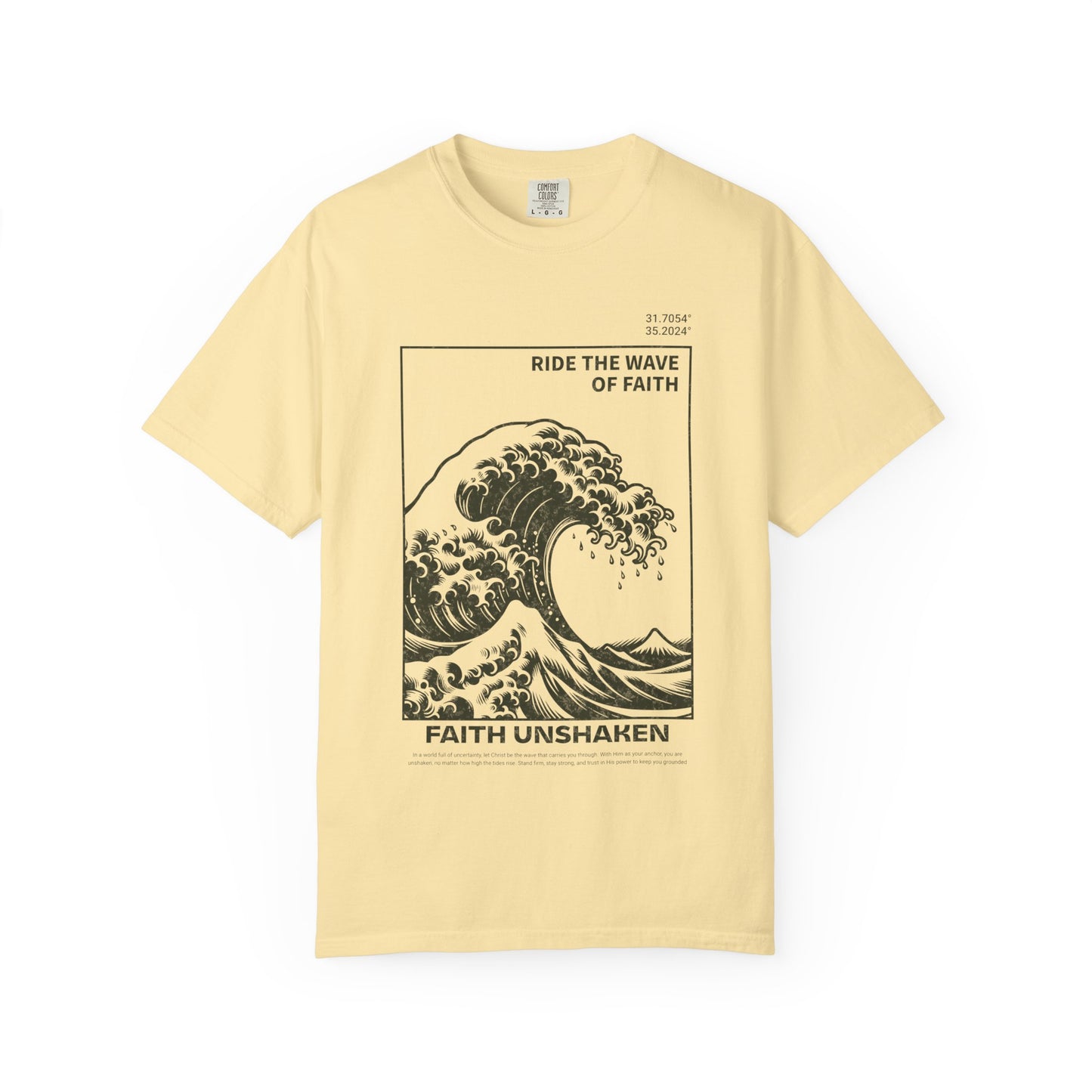 T-shirt with ocean wave design featuring 'Ride The Wave of Faith' and 'Faith Unshaken' text