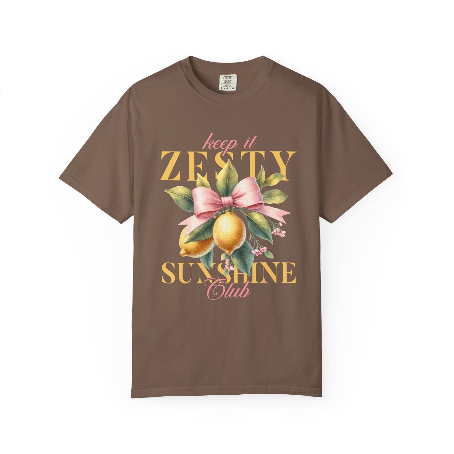 T-shirt with Keep It Zesty Sunshine Club text featuring watercolor lemons with pink bow and green leaves