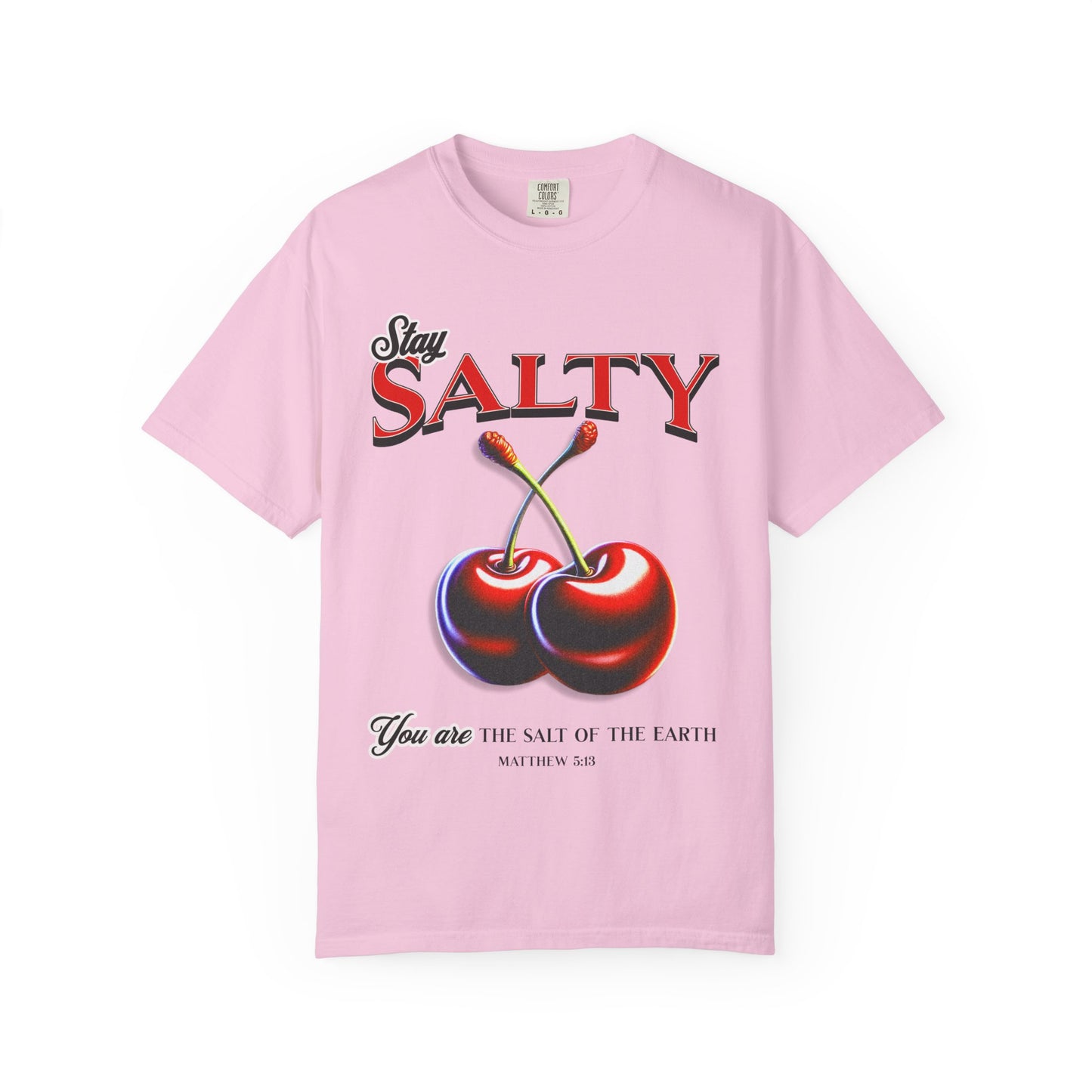 T-shirt with retro Stay Salty text and vintage cherry design featuring Matthew 5:13 scripture