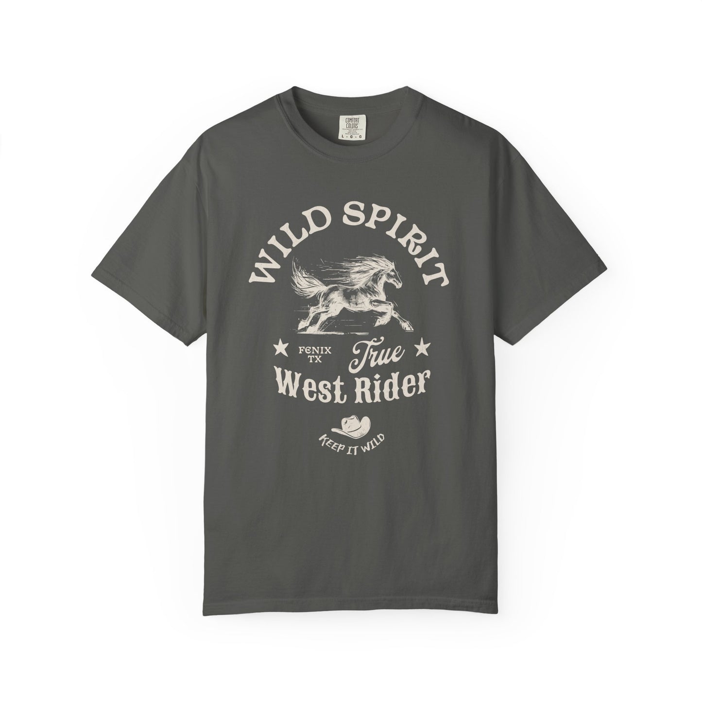 Western t-shirt with galloping horse design, Fenix Texas text, and cowboy hat graphic in vintage style