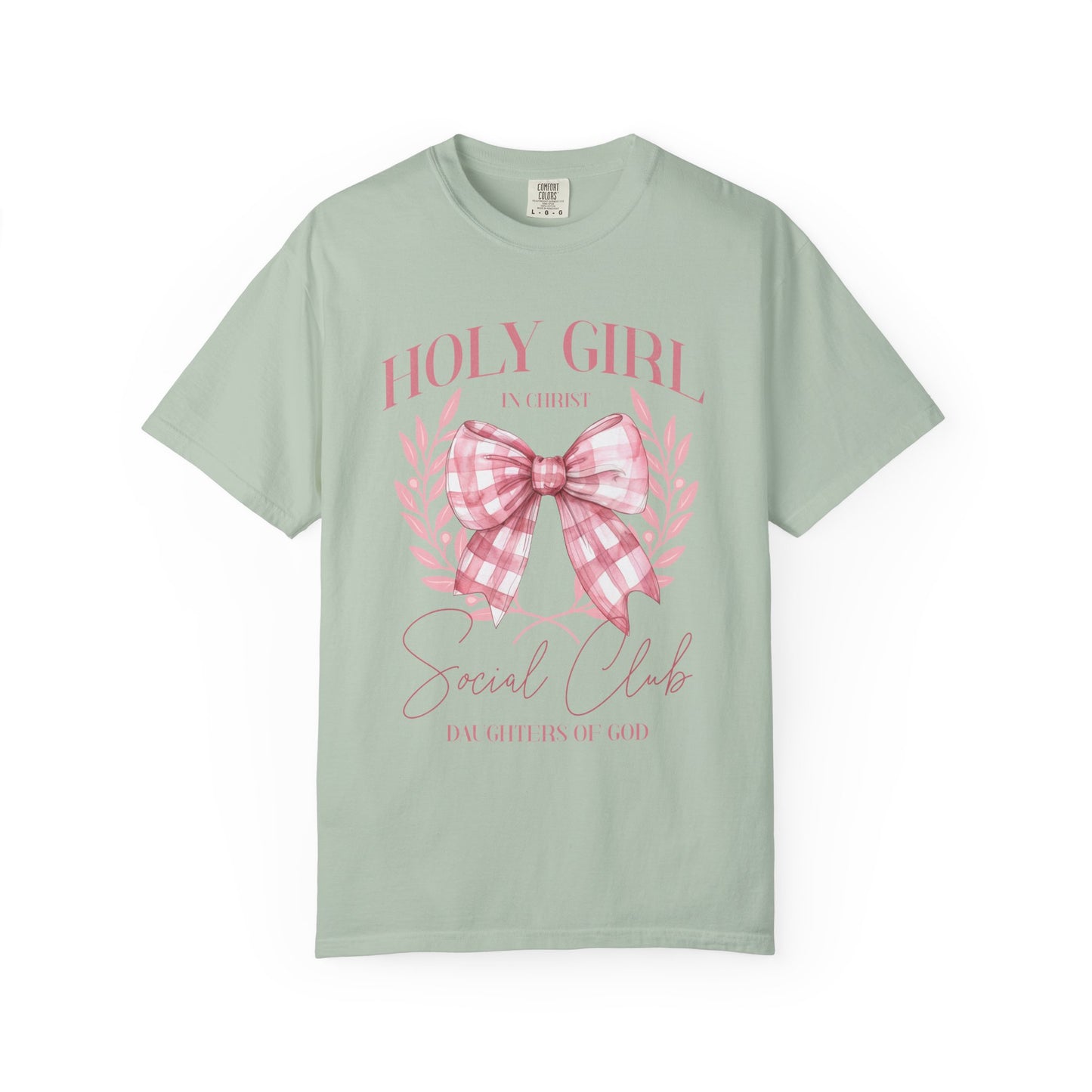 Tshirt with Holy Girl Social Club design featuring pink gingham bow and floral elements