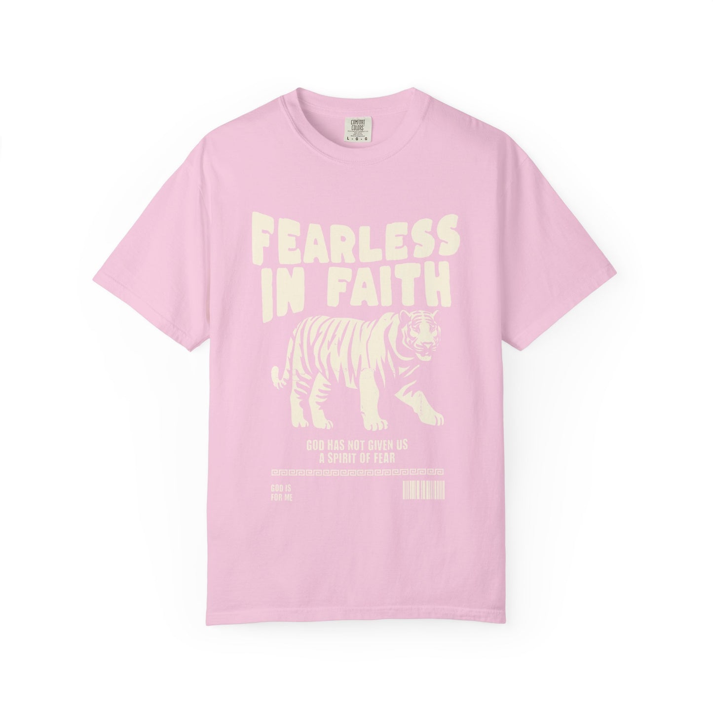 A t-shirt featuring 'Fearless In Faith' text design in elegant cream colored typography