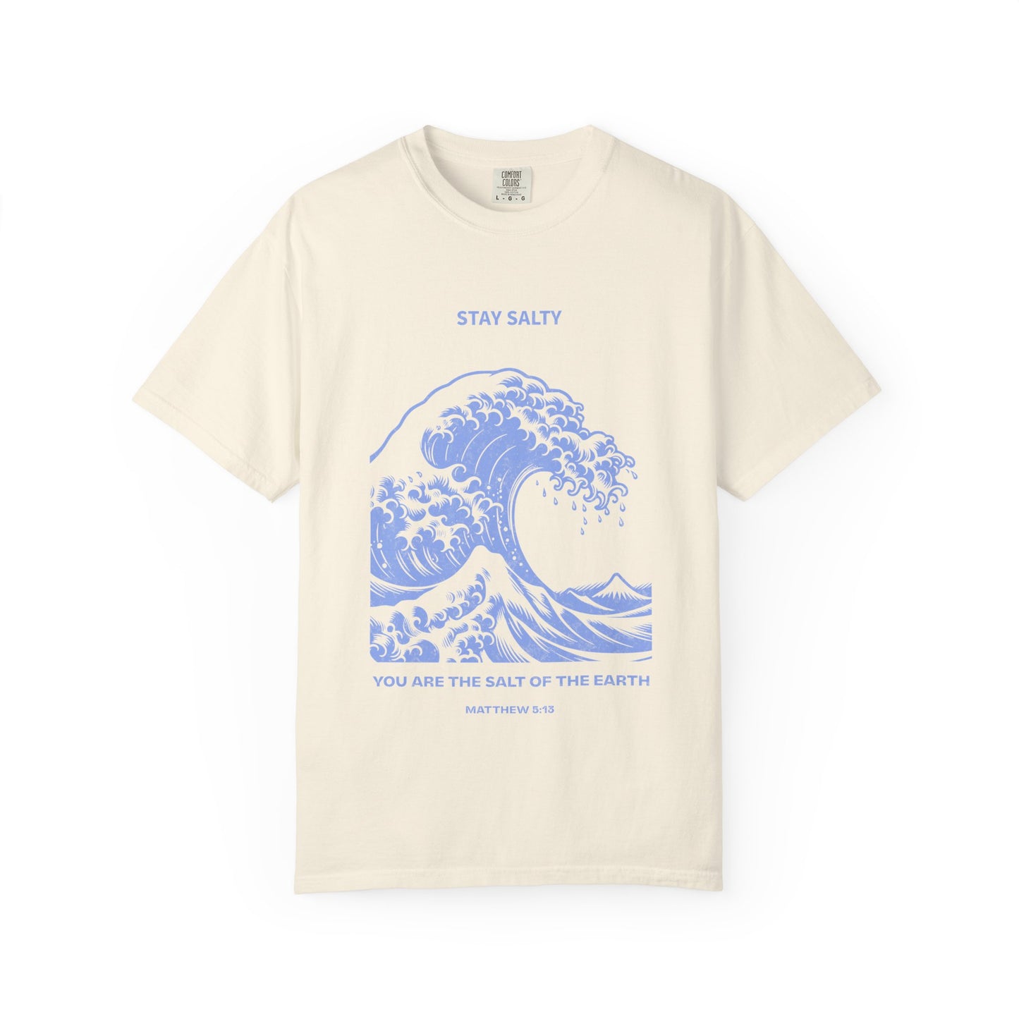 T-shirt with ocean wave design featuring Stay Salty text and Matthew 5:13 Bible verse