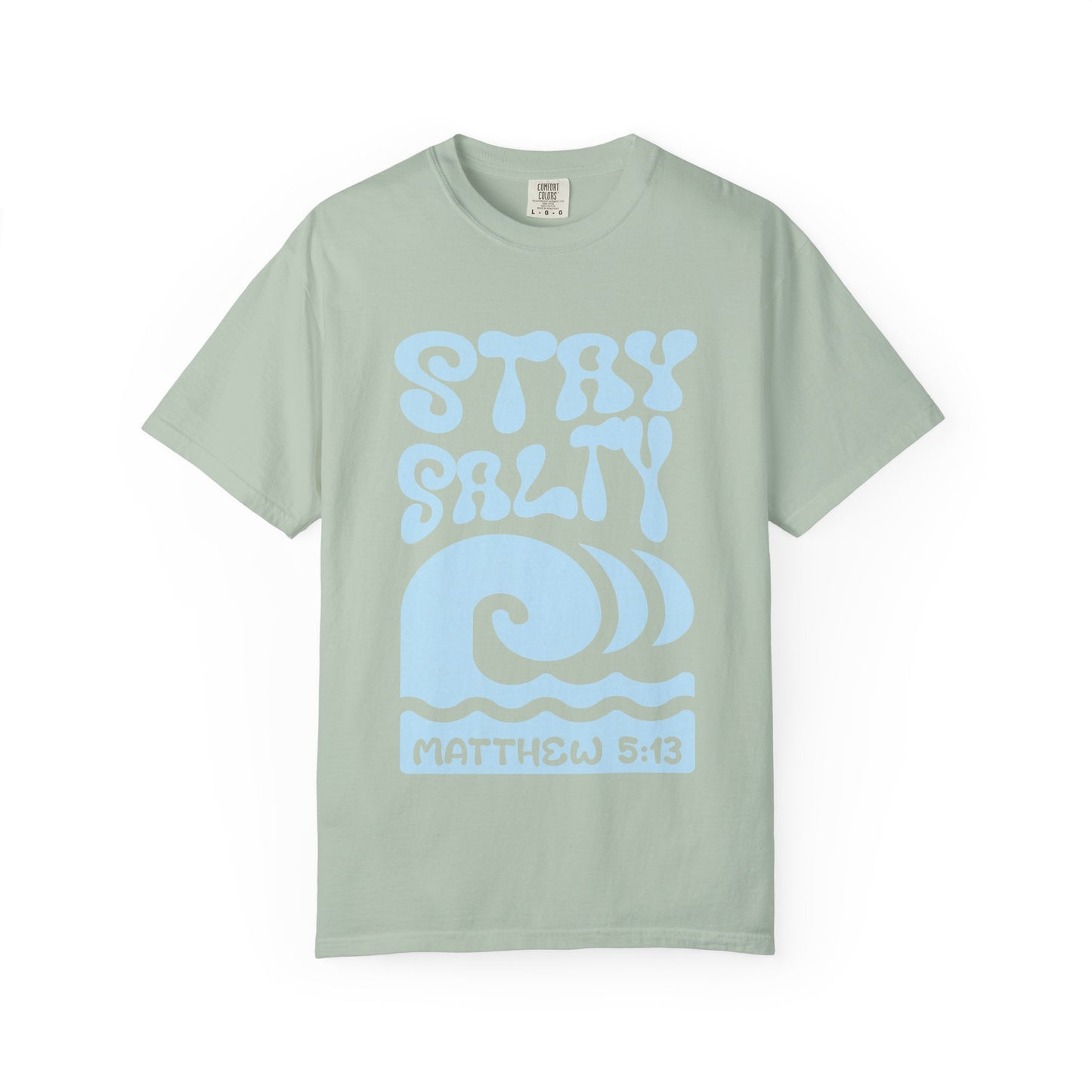 Christian t-shirt with 'Stay Salty' text and ocean wave design referencing Matthew 5:13