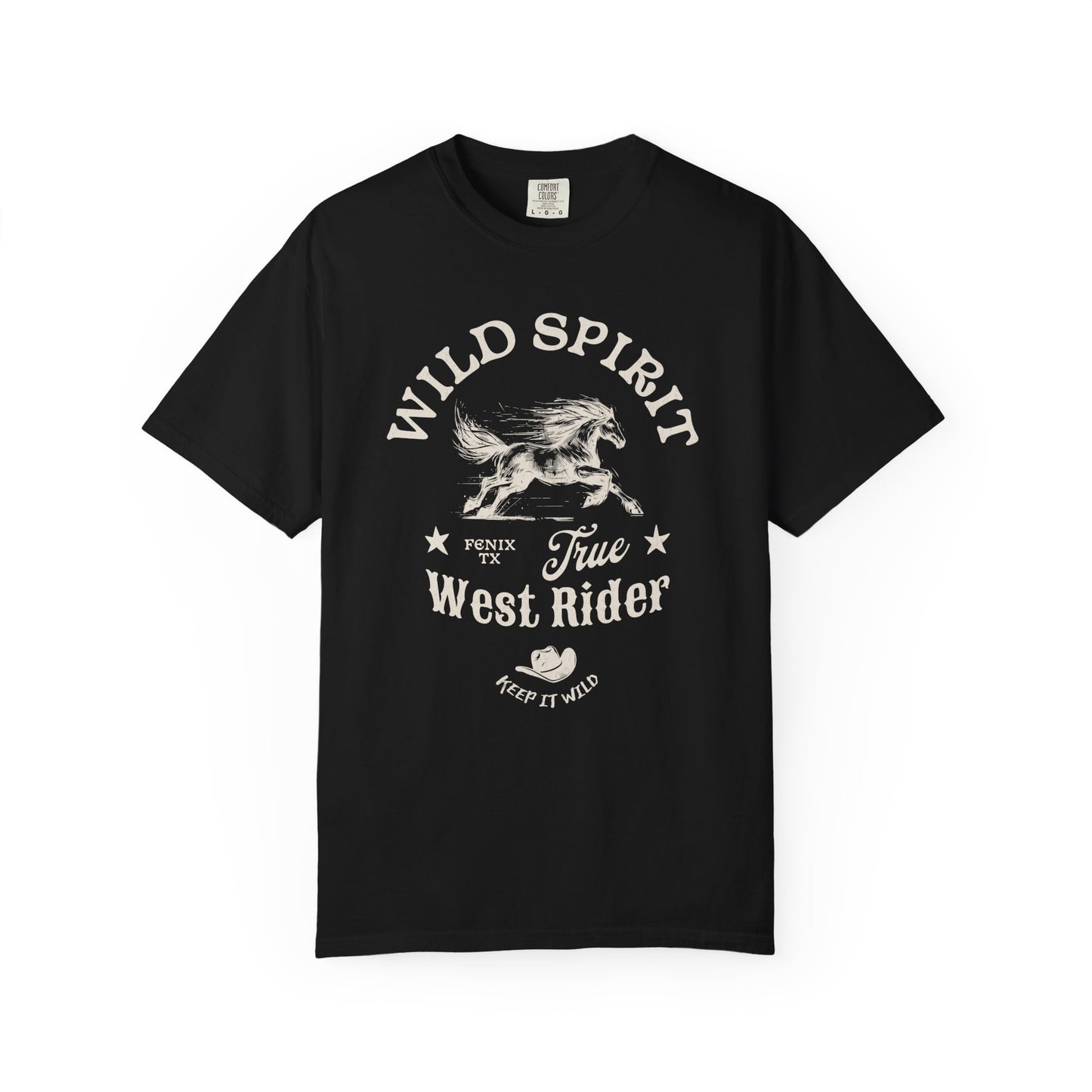 Western t-shirt with galloping horse design, Fenix Texas text, and cowboy hat graphic in vintage style
