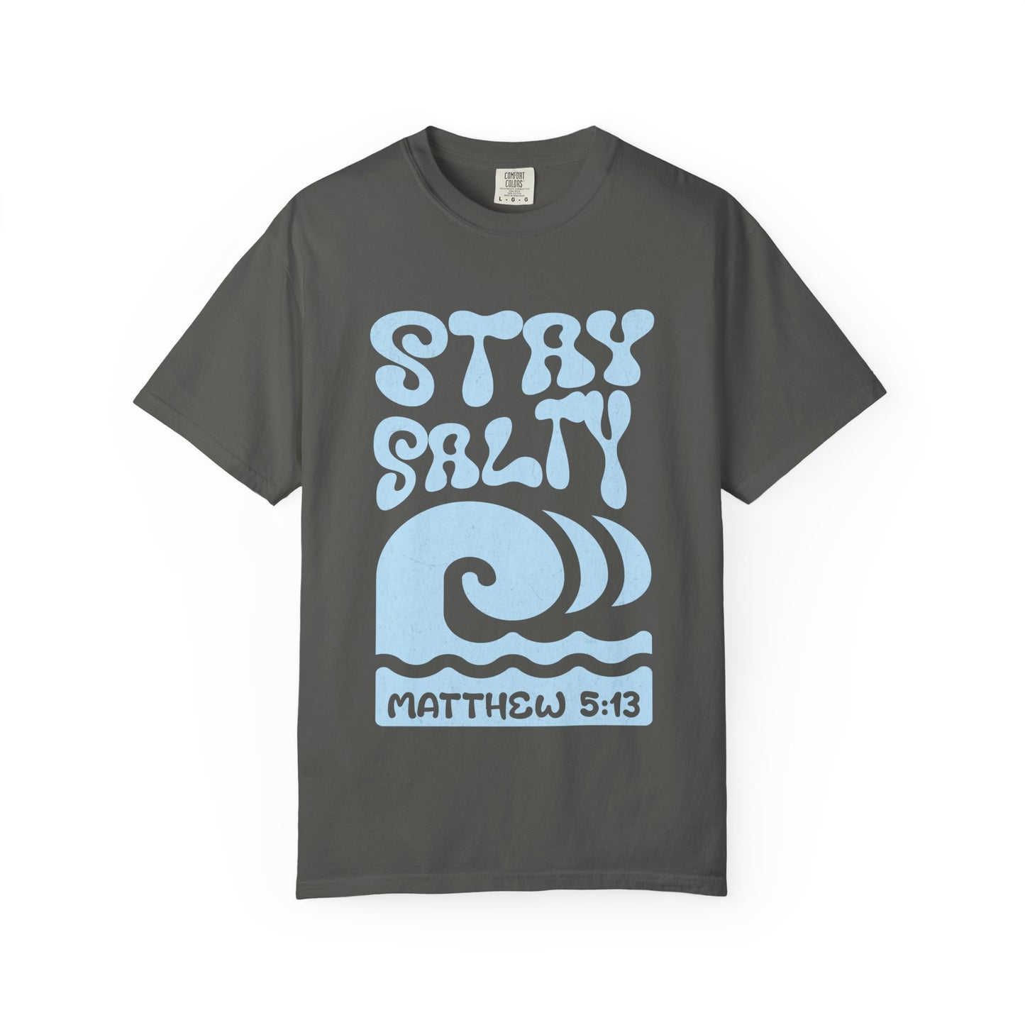 Christian t-shirt with 'Stay Salty' text and ocean wave design referencing Matthew 5:13