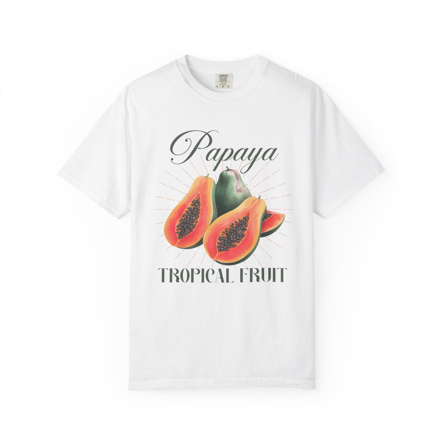 T-shirt featuring watercolor papaya fruits with golden sunburst rays and elegant Papaya script text