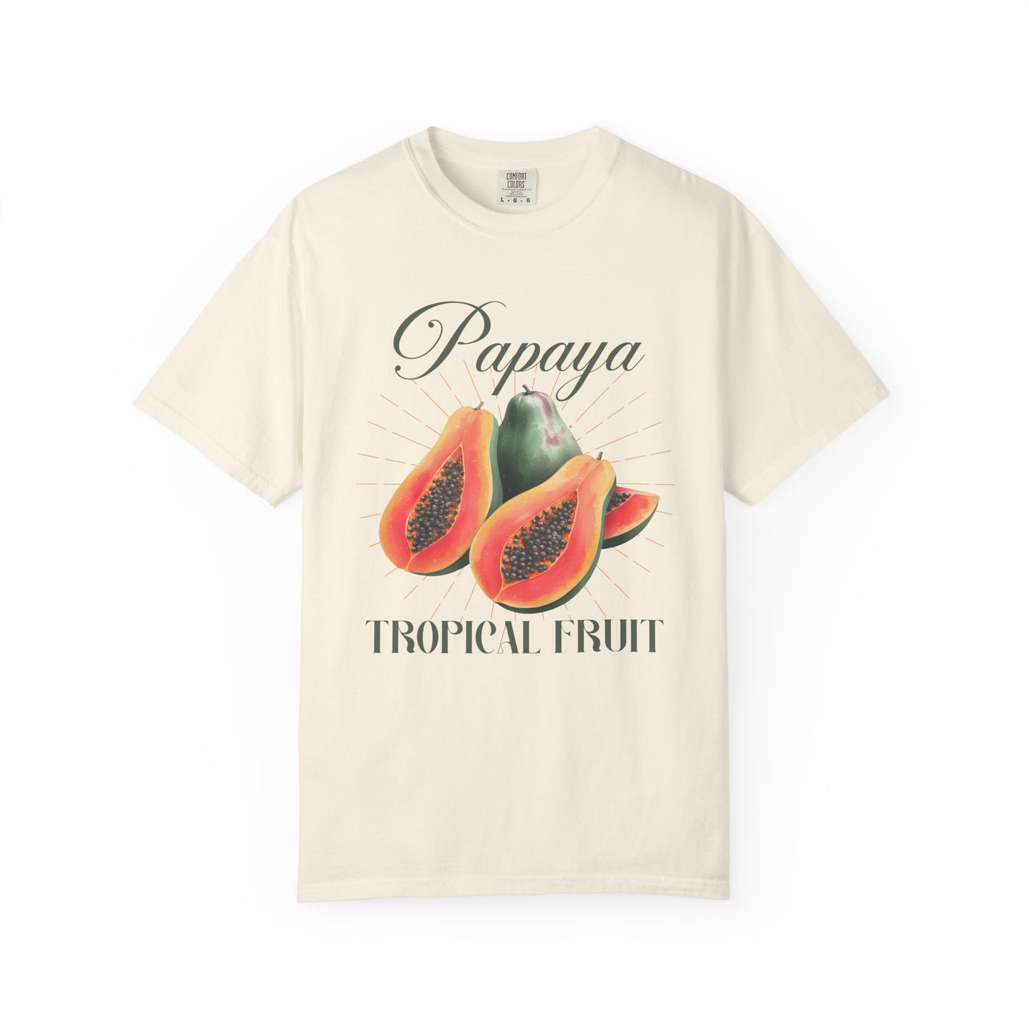 T-shirt featuring watercolor papaya fruits with golden sunburst rays and elegant Papaya script text
