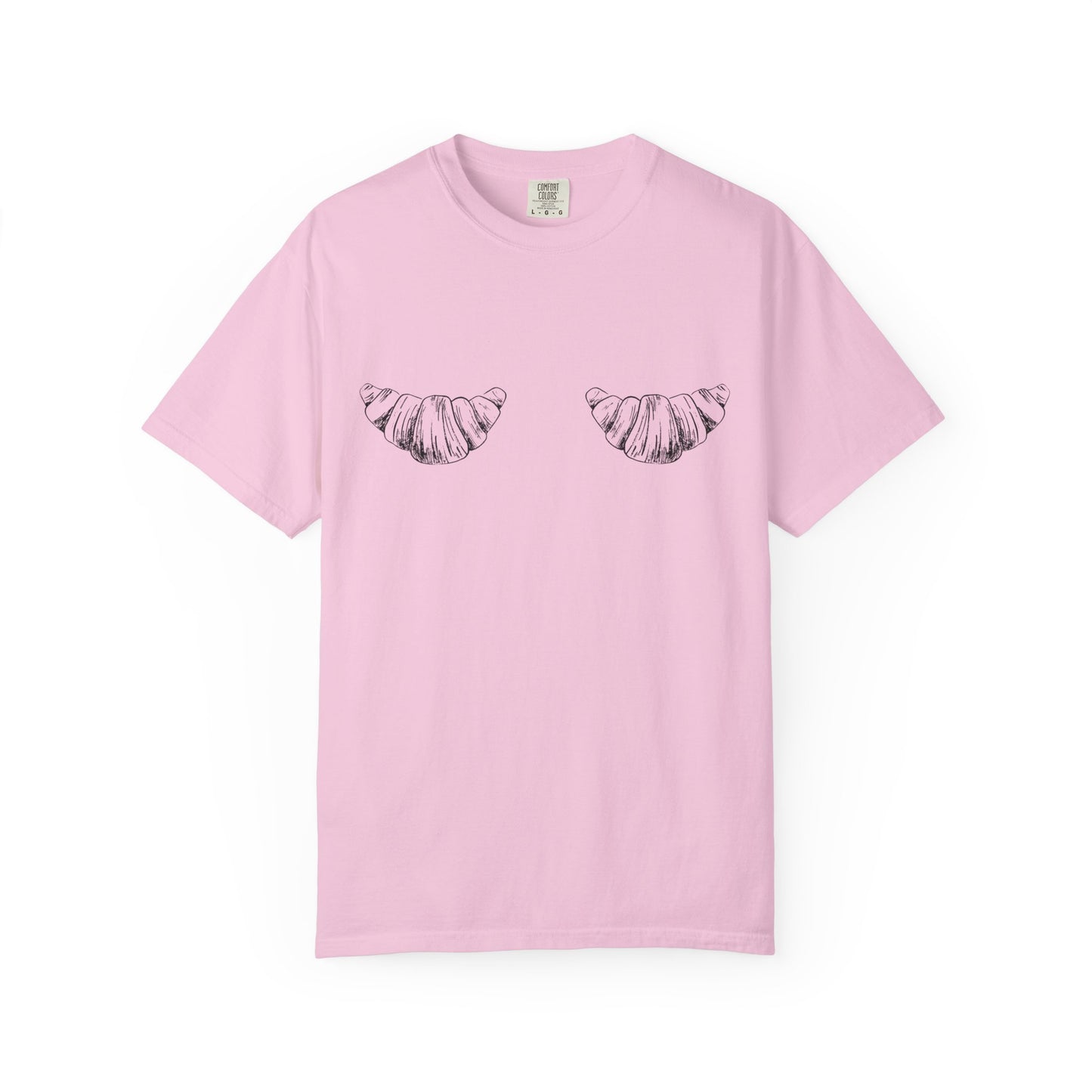 T-shirt with black and white hand-drawn croissant illustrations in vintage sketch style