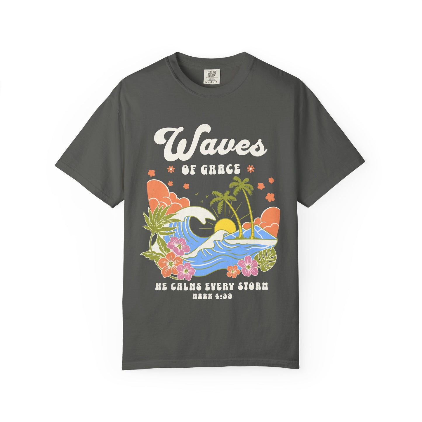 T-shirt with tropical ocean waves, palm trees, hibiscus flowers and 'Waves of Grace' scripture design
