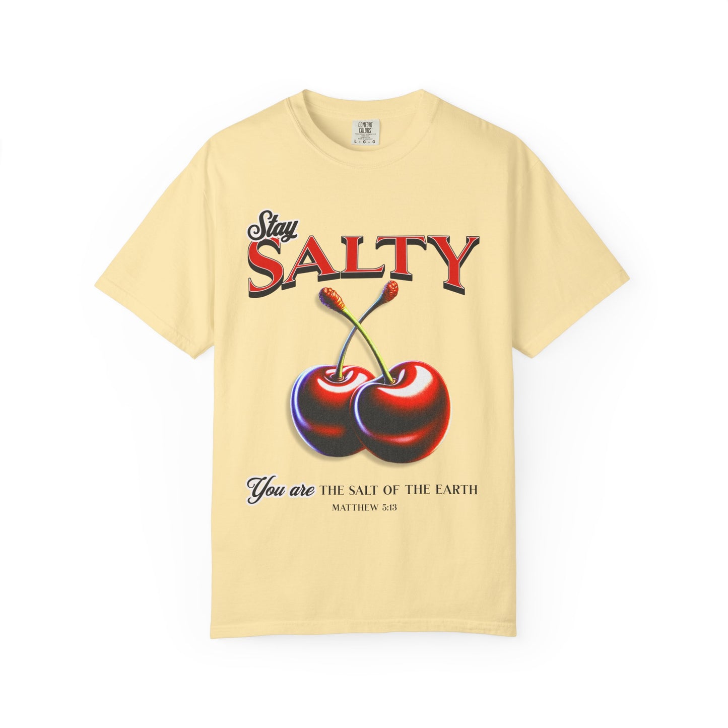 T-shirt with retro Stay Salty text and vintage cherry design featuring Matthew 5:13 scripture
