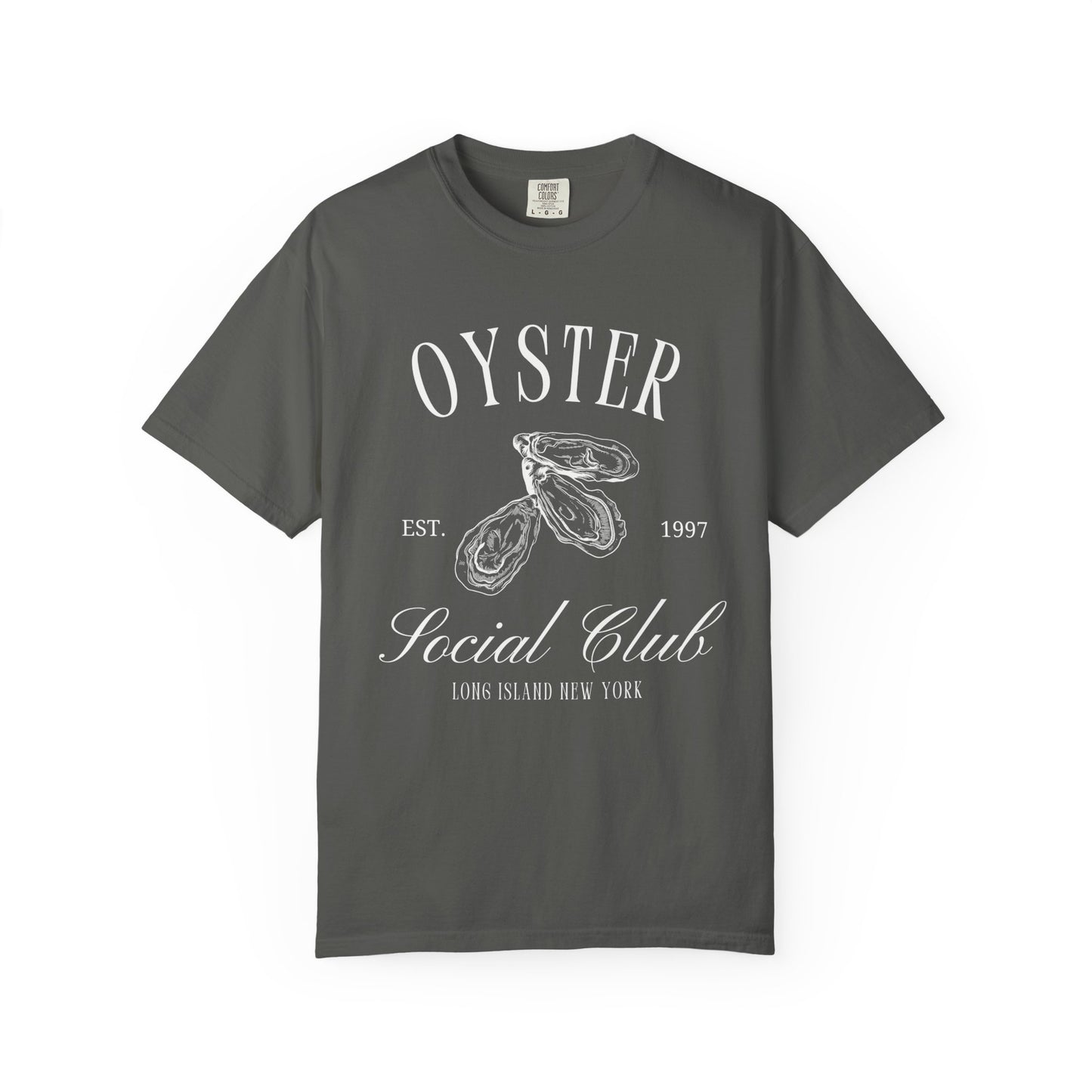 T-shirt with vintage oyster social club design featuring three detailed oyster illustrations