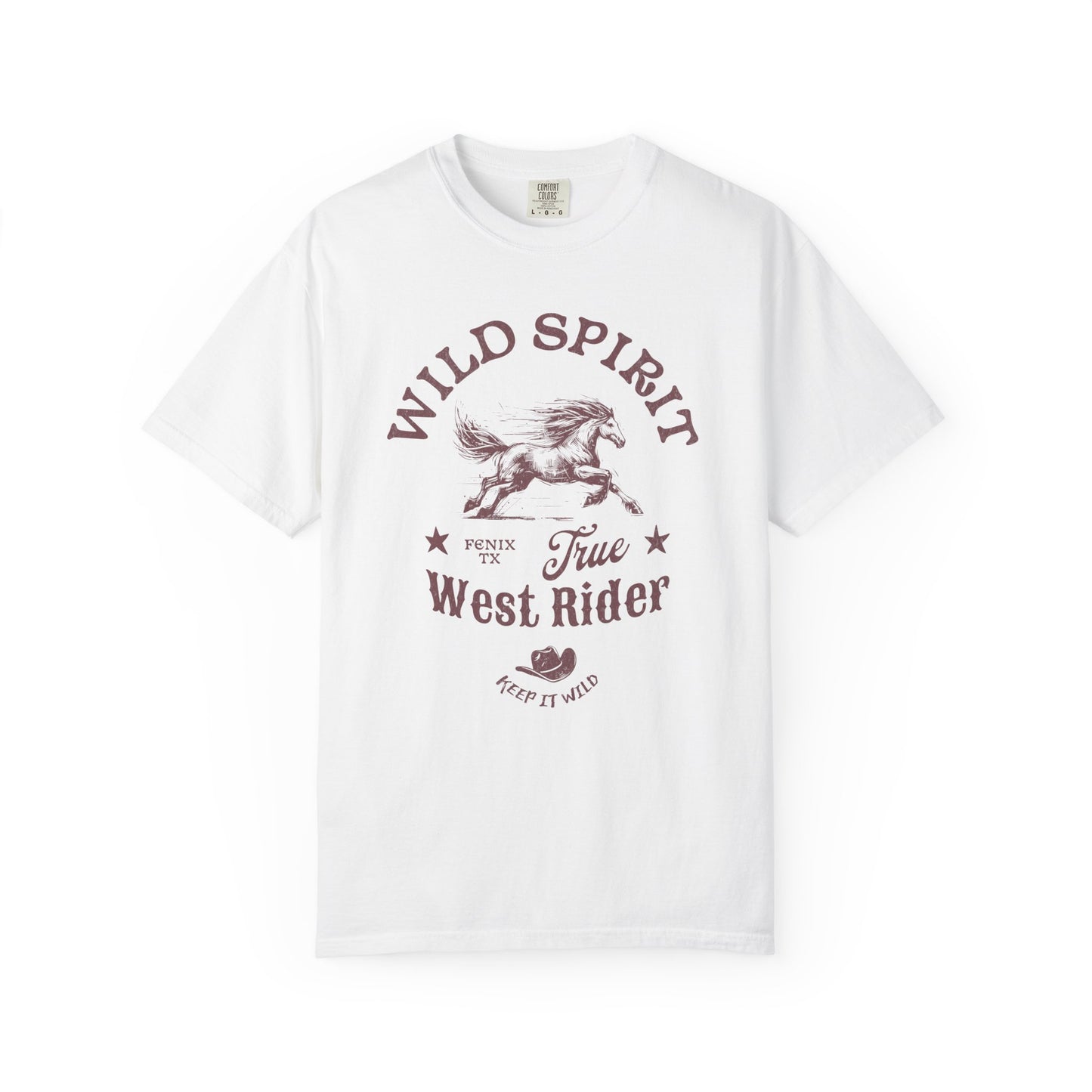Western t-shirt with galloping horse design, Fenix Texas text, and cowboy hat graphic in vintage style