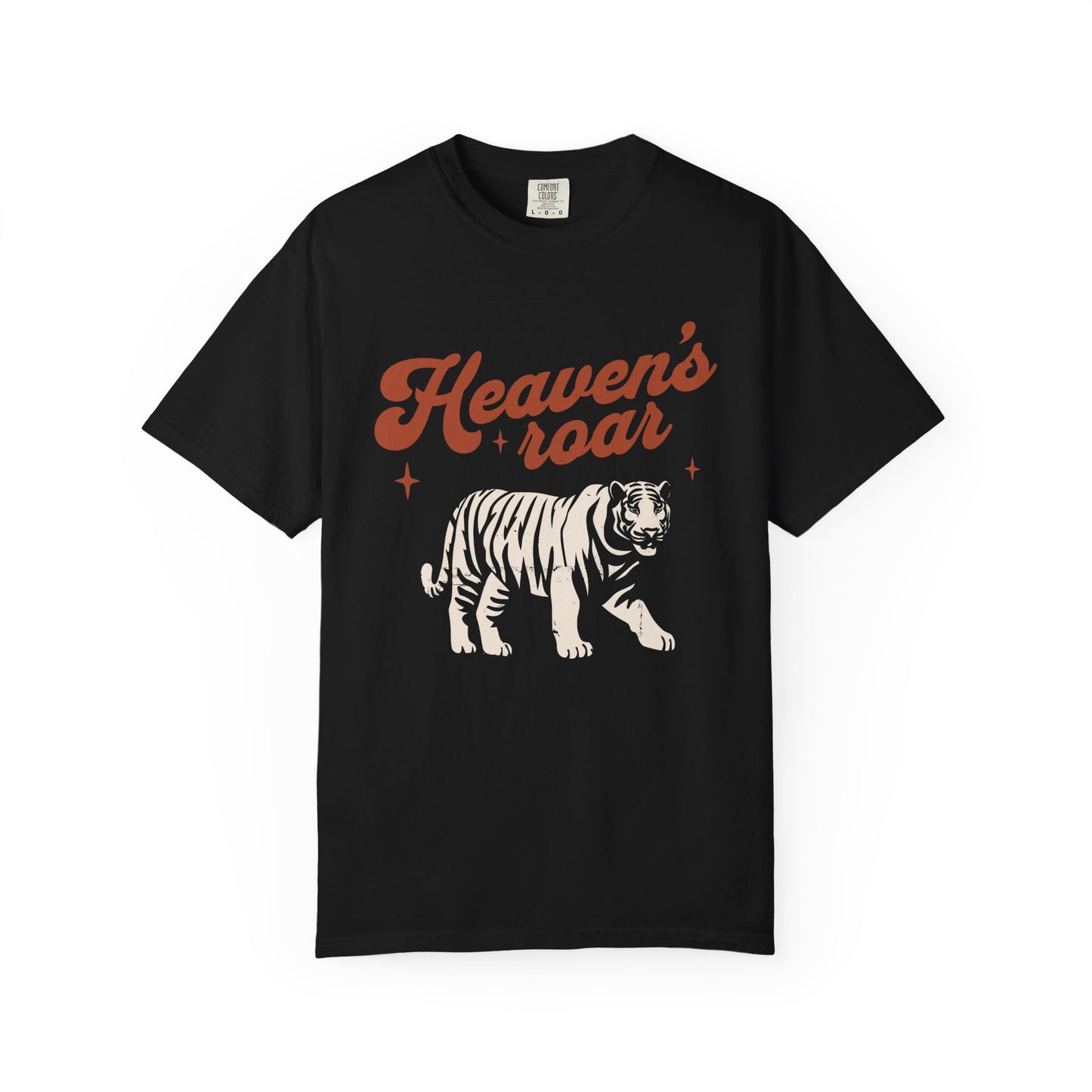 T-shirt with retro Heaven's roar text in red and blue tiger graphic design