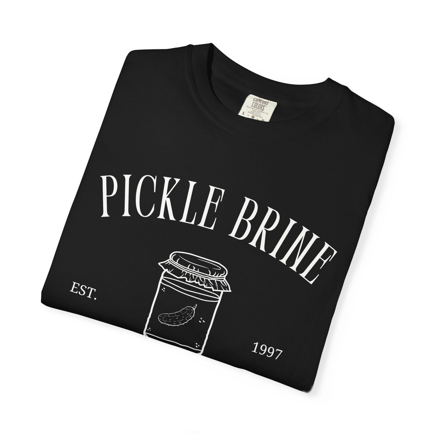 T-shirt with vintage pickle brine social club design featuring mason jar with pickle illustration