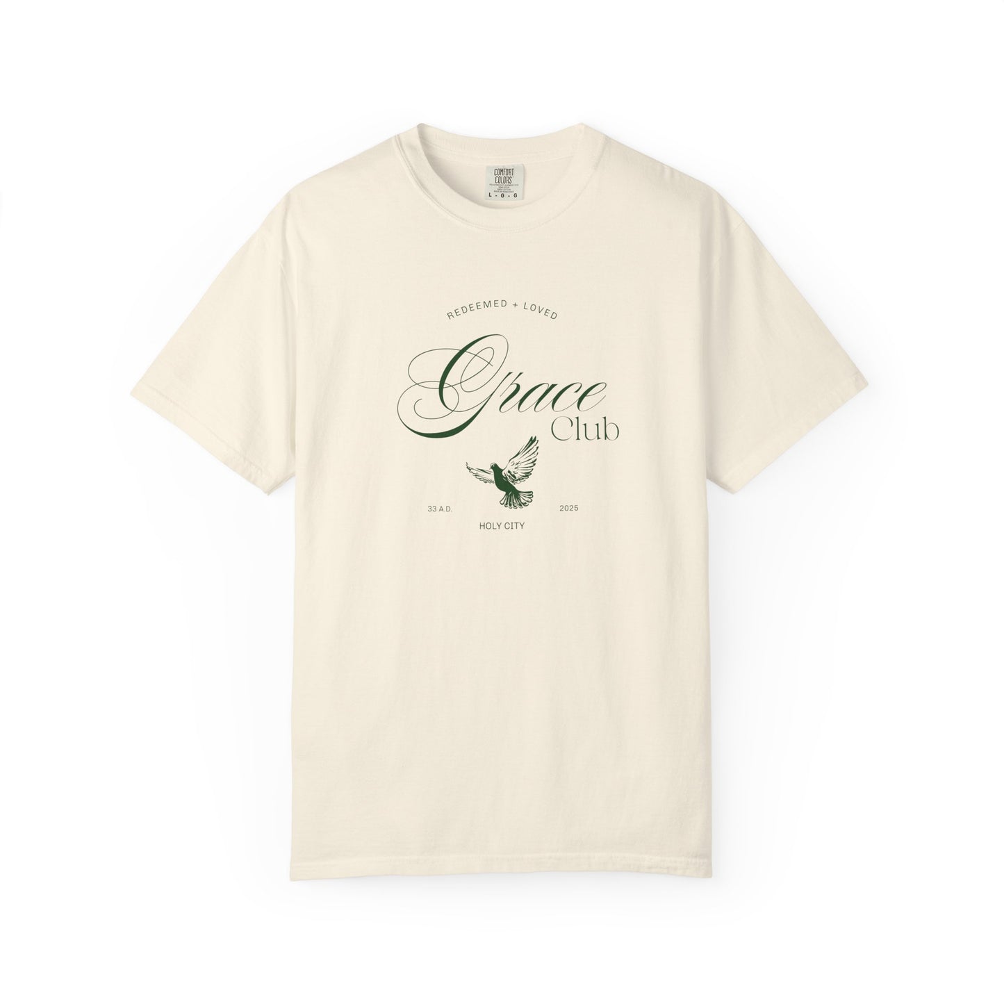 T-shirt with Grace Club text, dove symbol, and Redeemed + Loved message in elegant green design