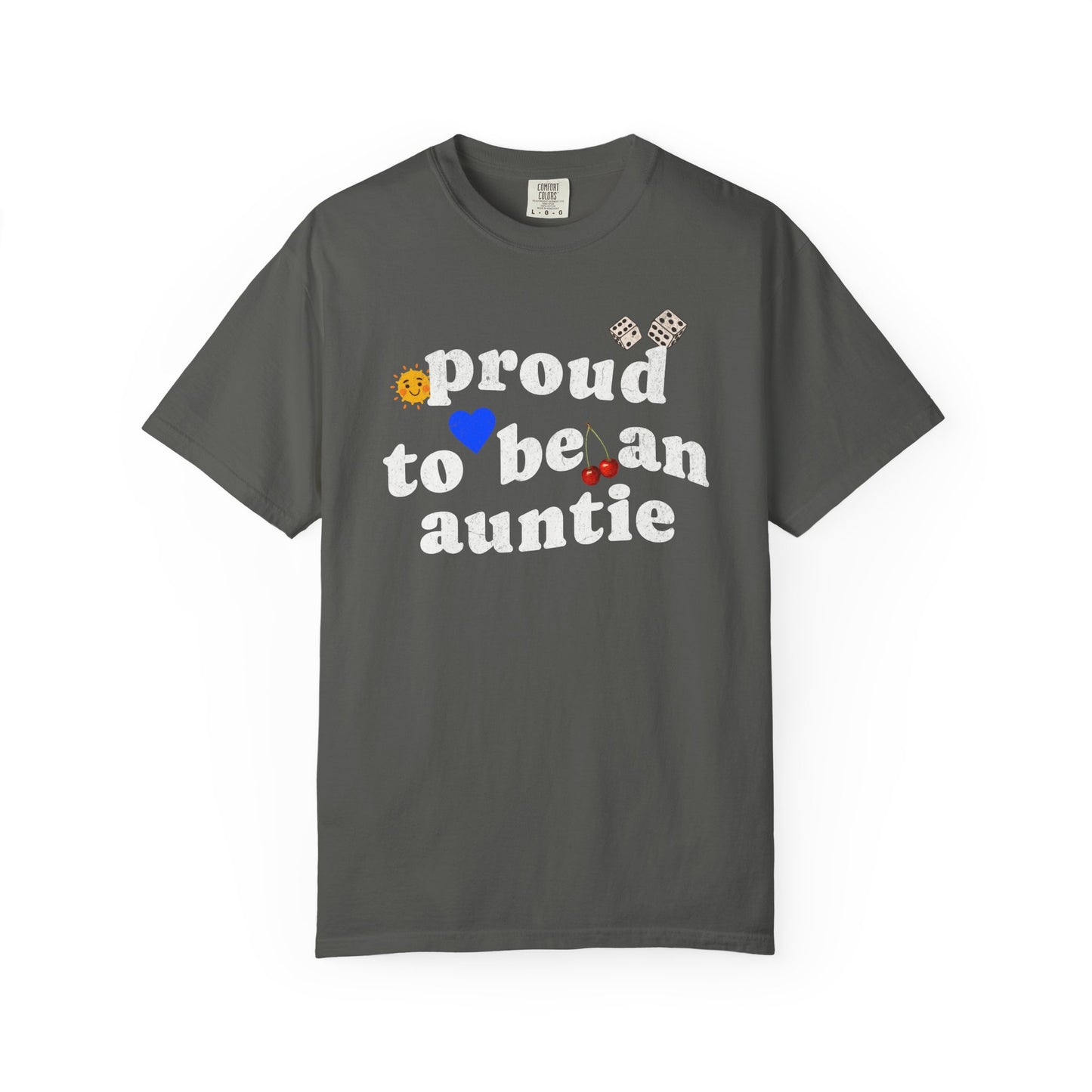T-shirt with distressed text 'proud to be an auntie' featuring sun, heart, dice and cherries